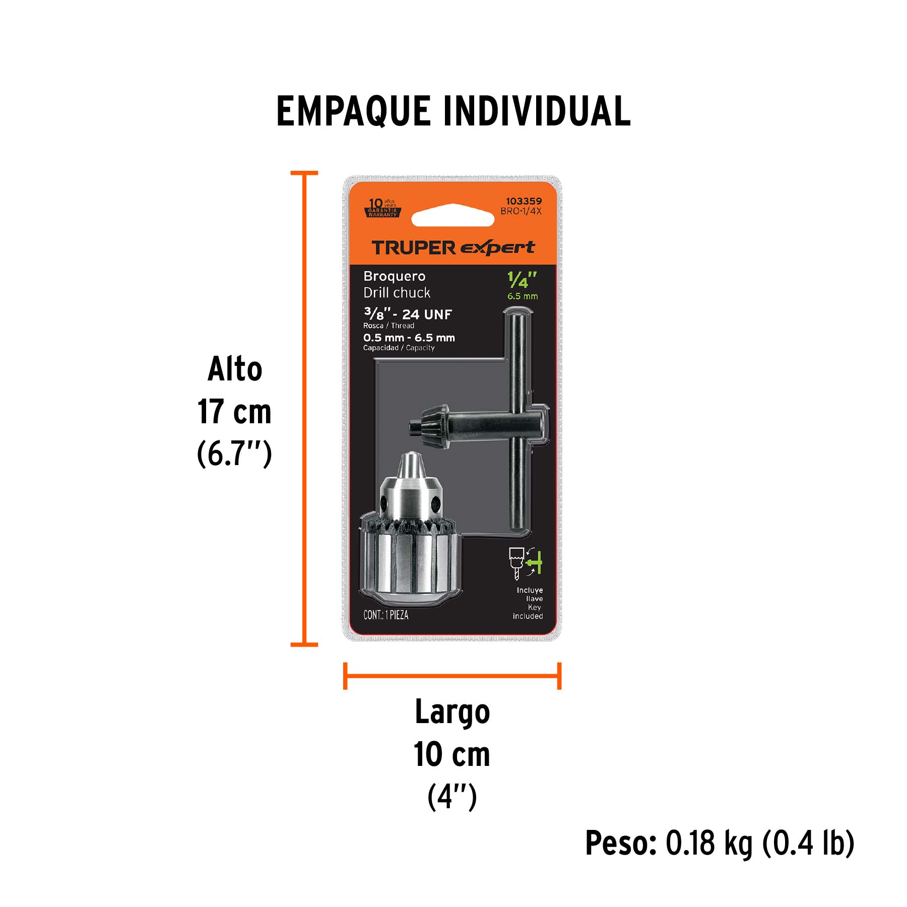 Broquero 1/4" con llave, cuerpo estriado, TRUPER EXPERT - Empaque