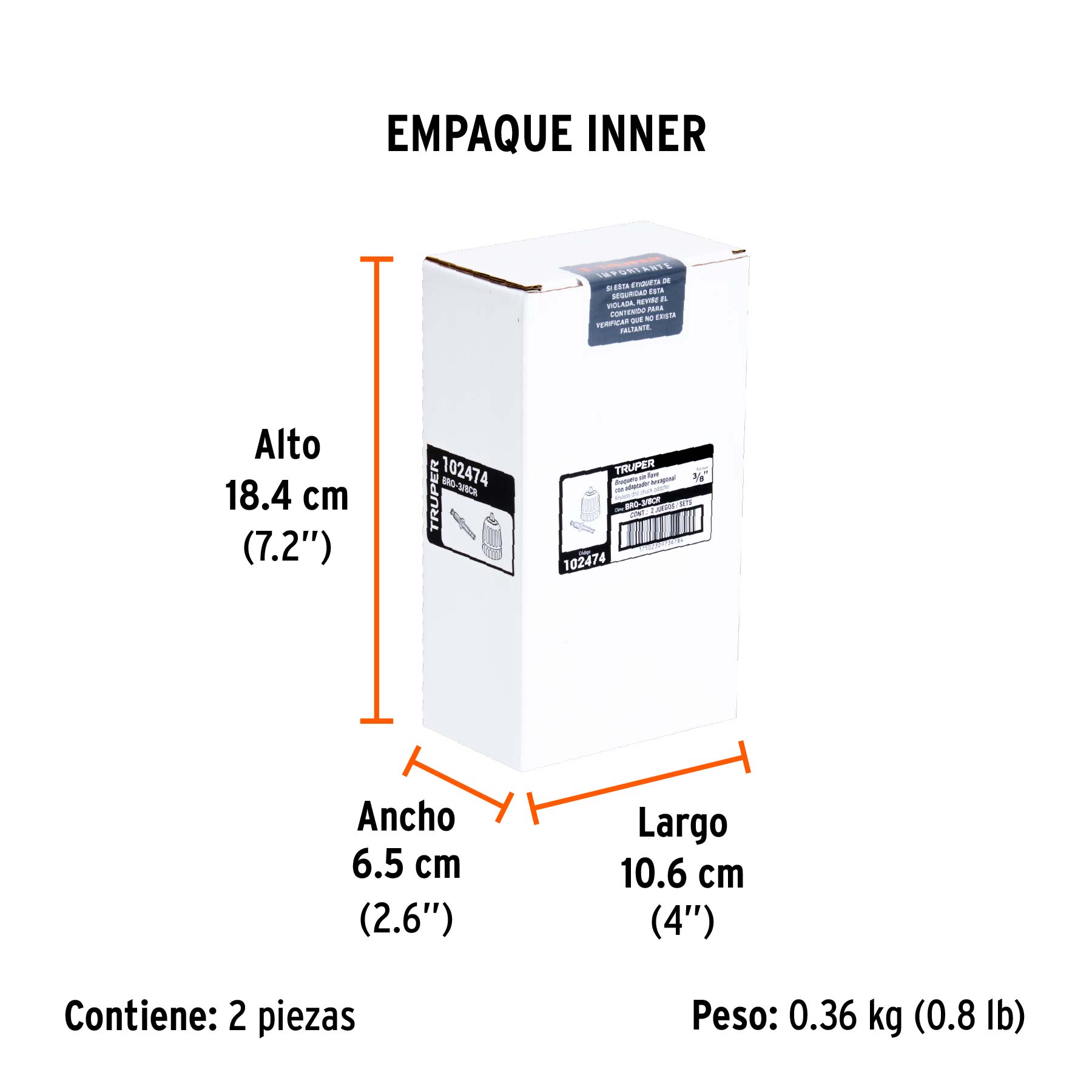 Broquero 3/8" sin llave y adaptador hexagonal 1/4", TRUPER - Empaque