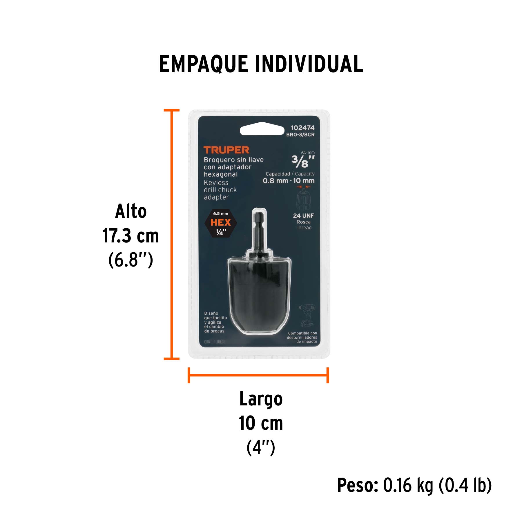Broquero 3/8" sin llave y adaptador hexagonal 1/4", TRUPER - Empaque