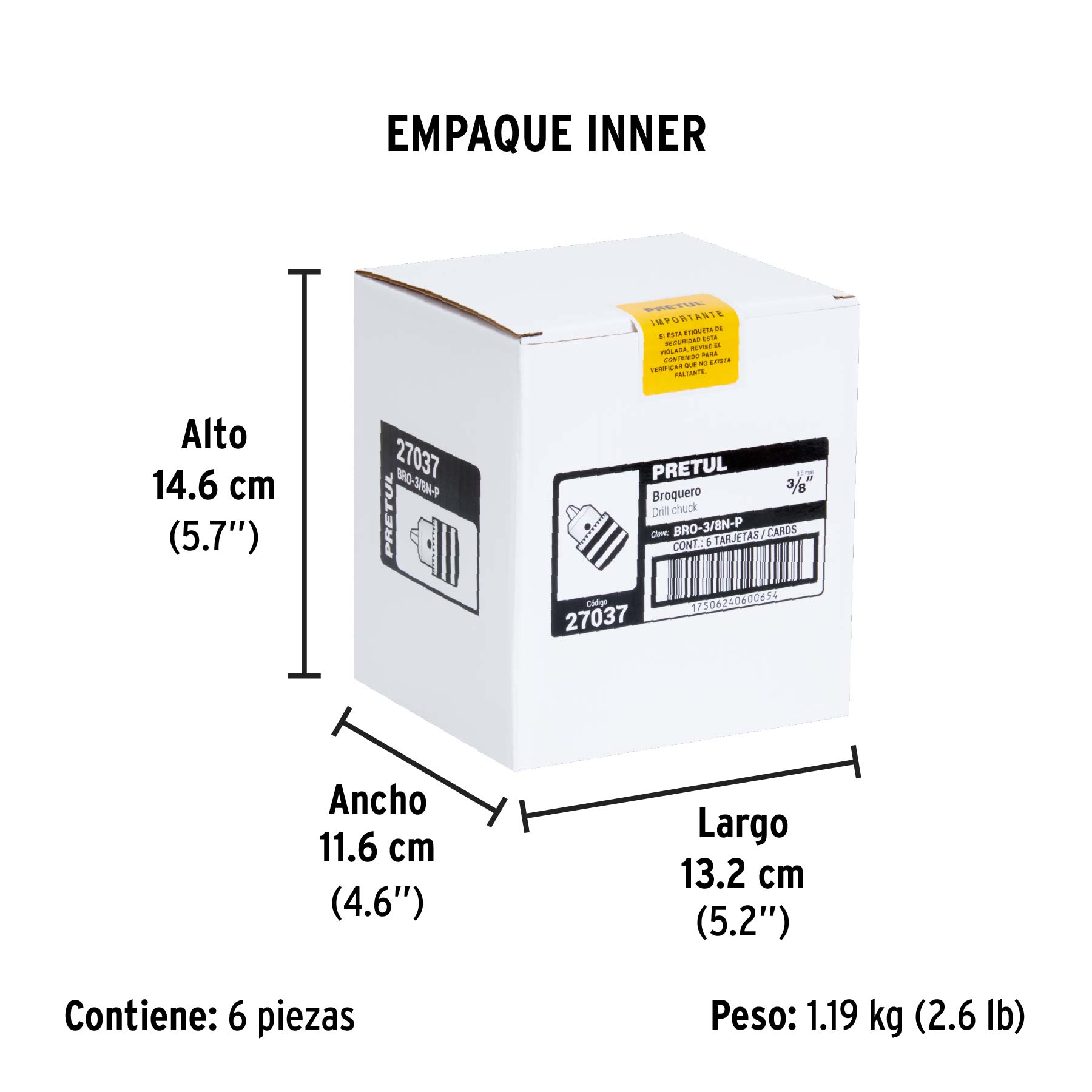 Broquero 3/8" con llave, cuerpo moleteado, PRETUL - Empaque