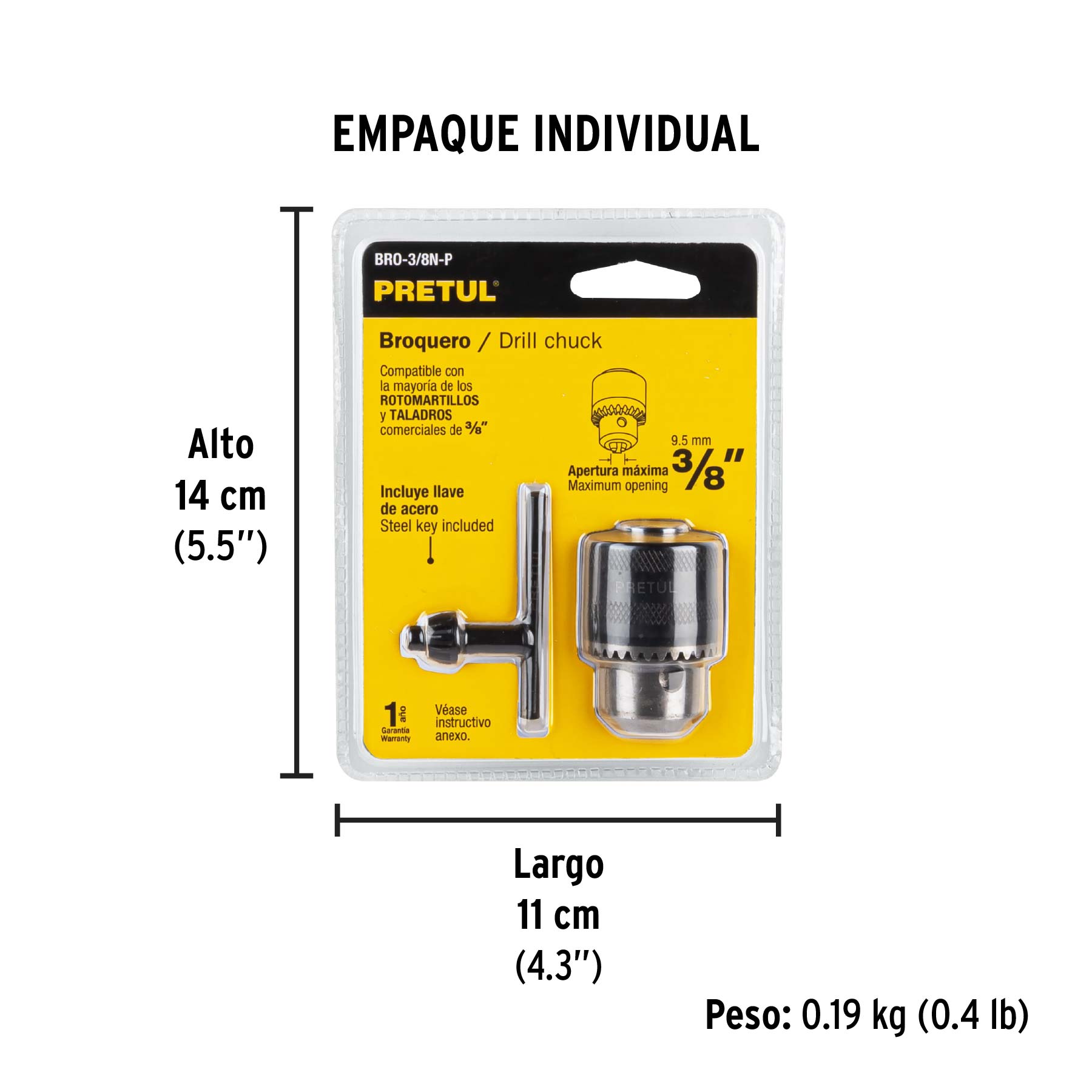 Broquero 3/8" con llave, cuerpo moleteado, PRETUL - Empaque