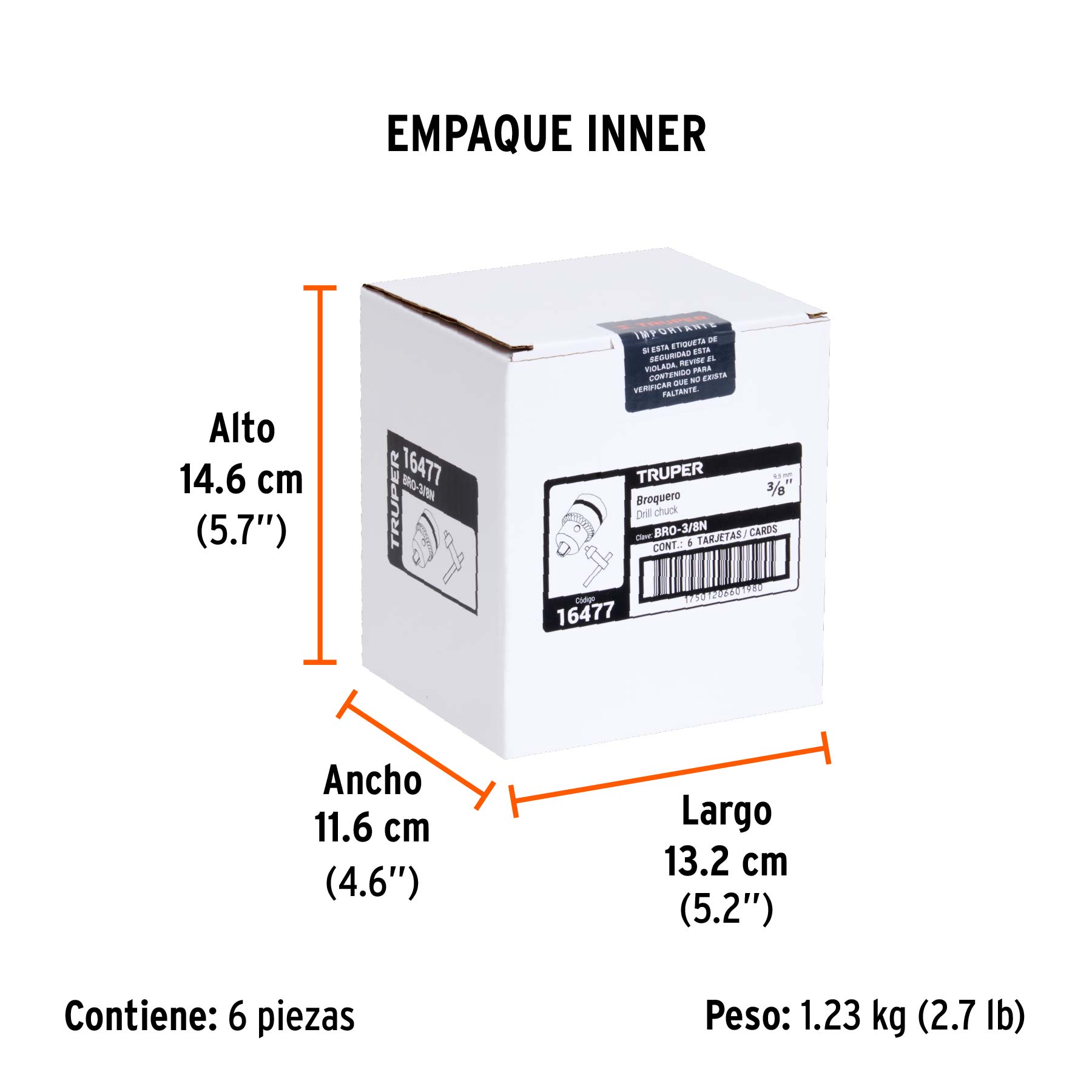 Broquero 3/8" con llave, cuerpo moleteado, TRUPER - Empaque