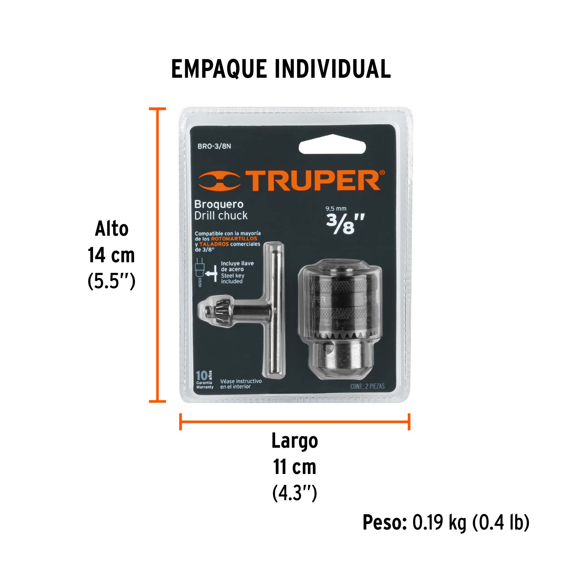 Broquero 3/8" con llave, cuerpo moleteado, TRUPER - Empaque