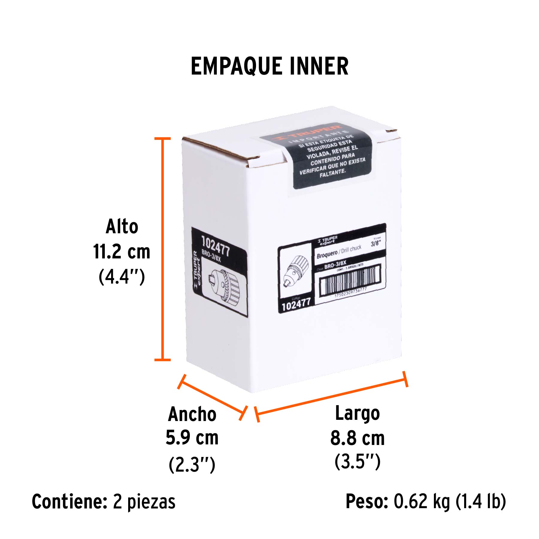 Broquero 3/8" con llave, cuerpo estriado, TRUPER EXPERT - Empaque