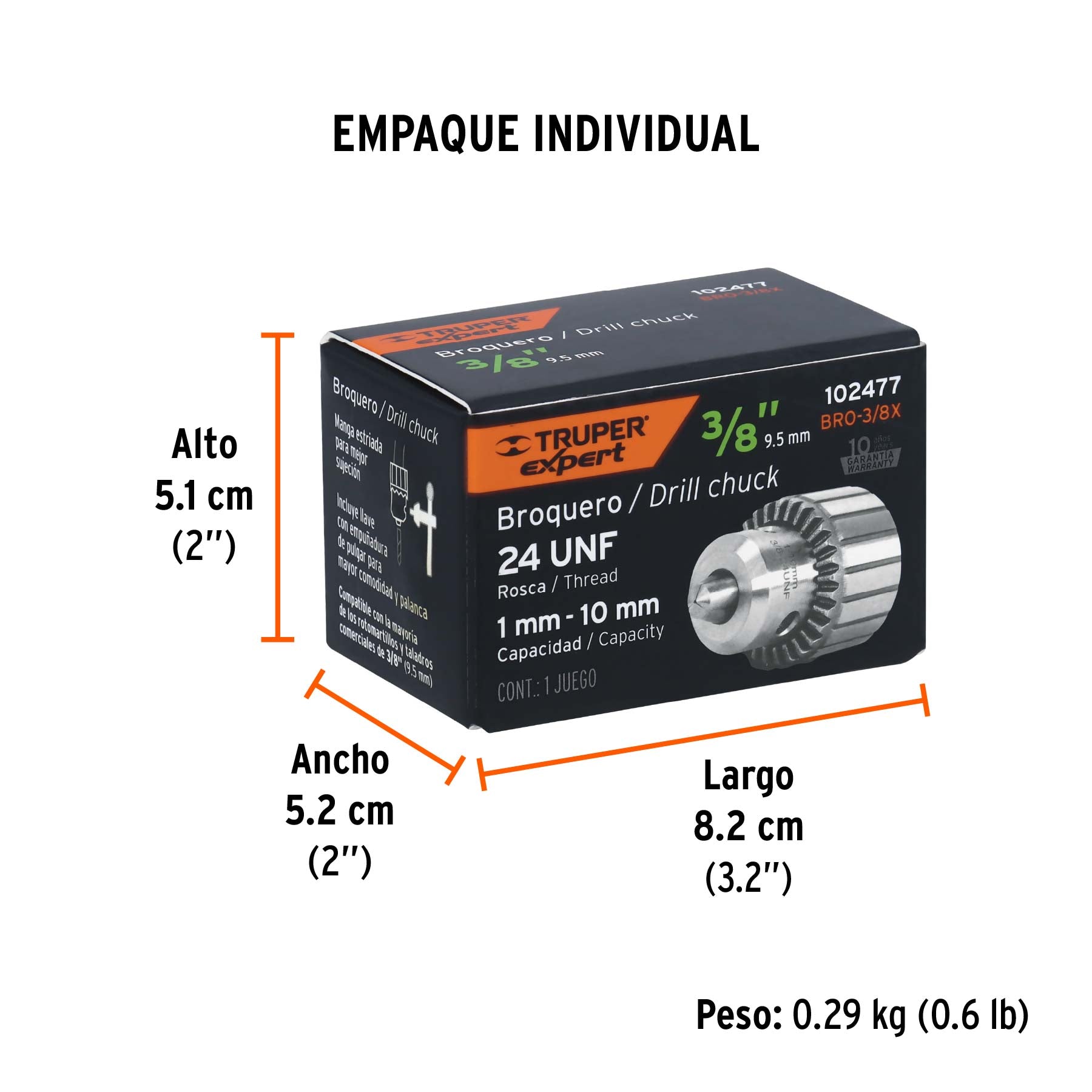 Broquero 3/8" con llave, cuerpo estriado, TRUPER EXPERT - Empaque