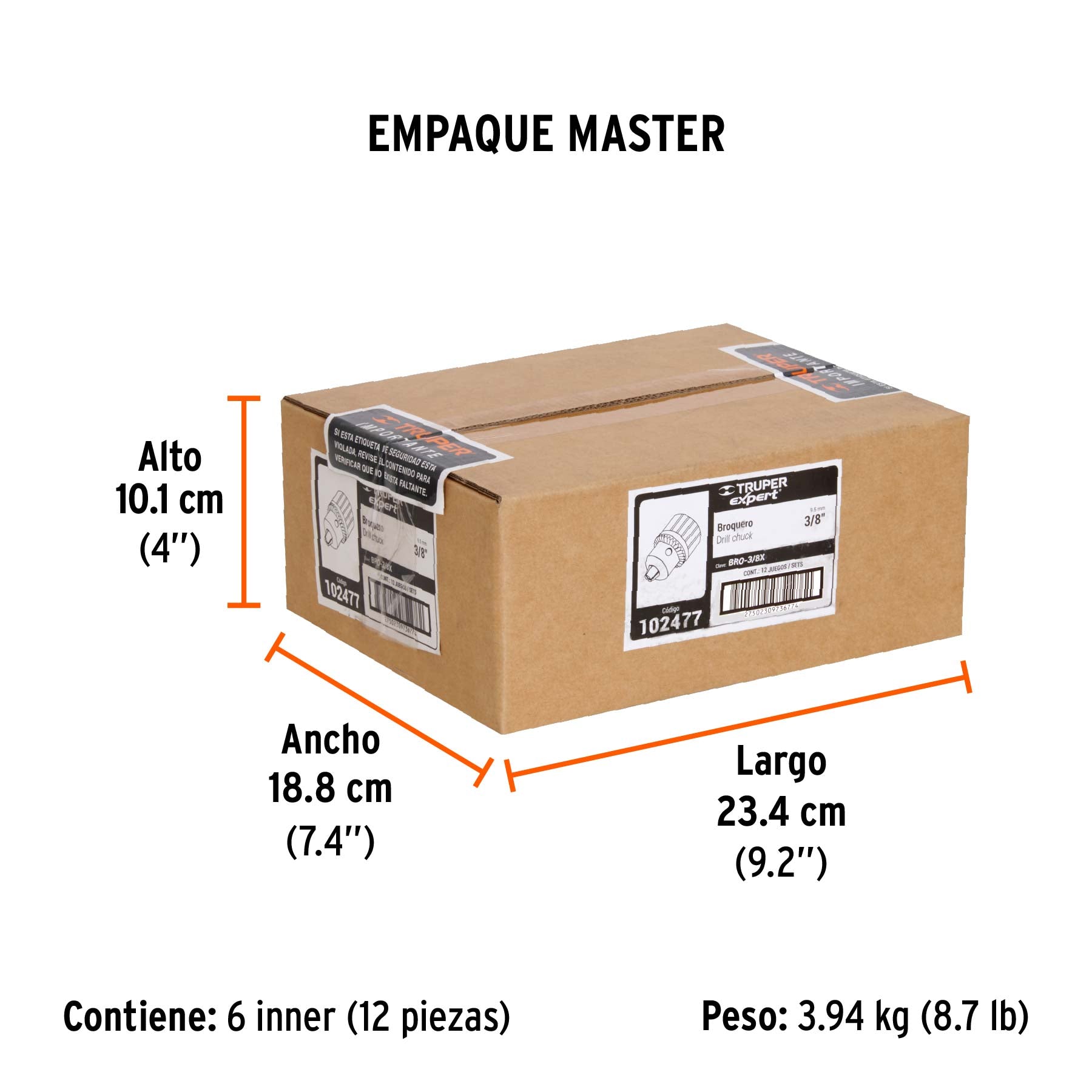 Broquero 3/8" con llave, cuerpo estriado, TRUPER EXPERT - Empaque