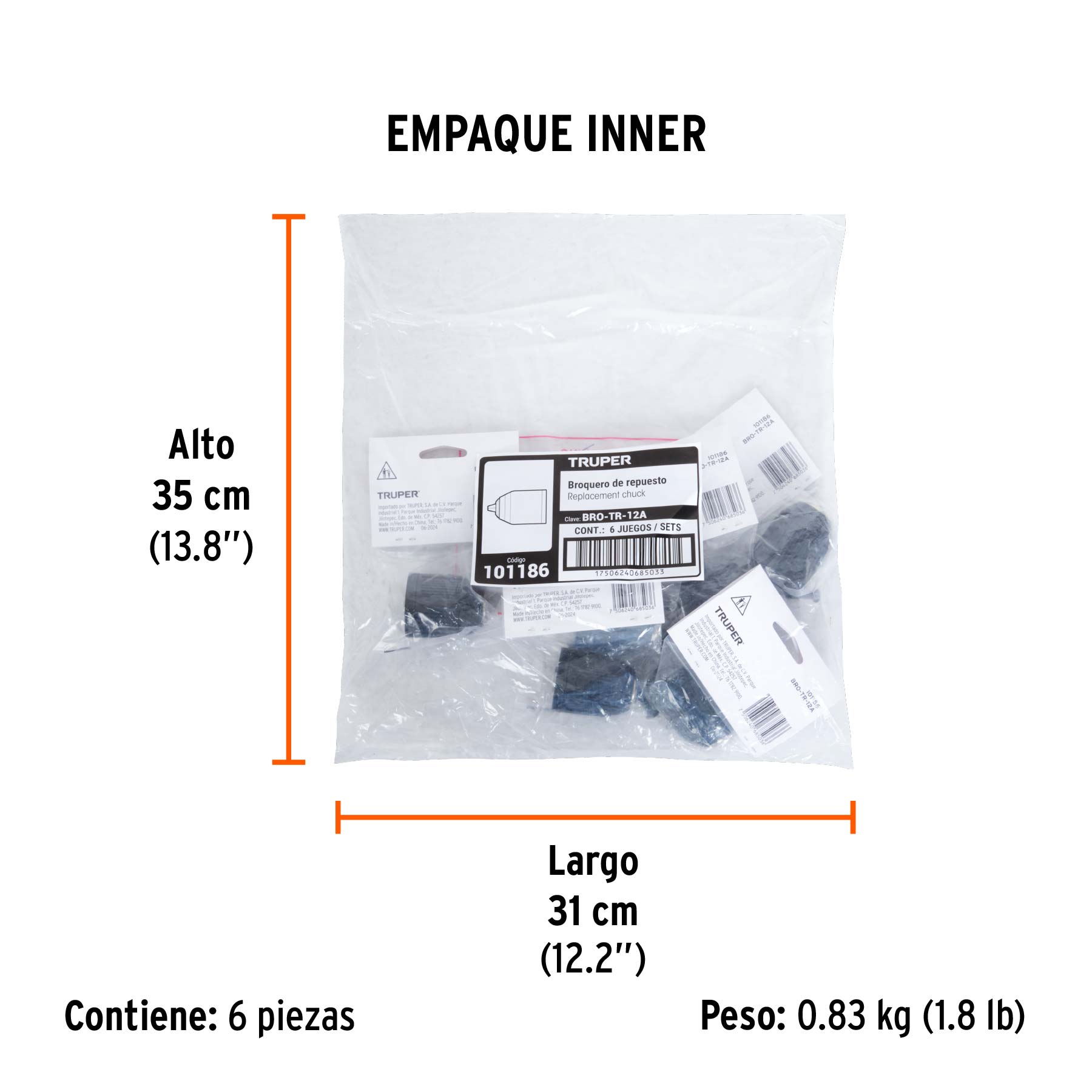 Broquero 3/8" sin llave, para máquinas inalámbricas, TRUPER - Empaque