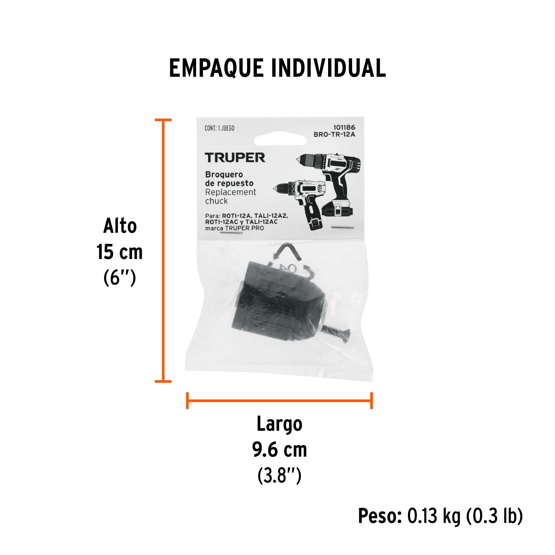 Broquero 3/8" sin llave, para máquinas inalámbricas, TRUPER - Empaque