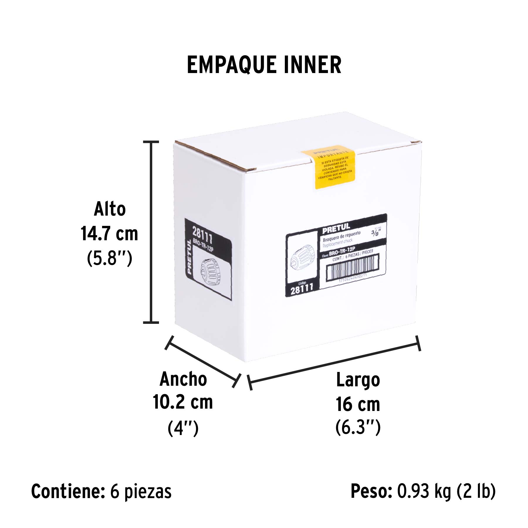 Broquero 3/8" sin llave, para máquinas inalámbricas, PRETUL - Empaque