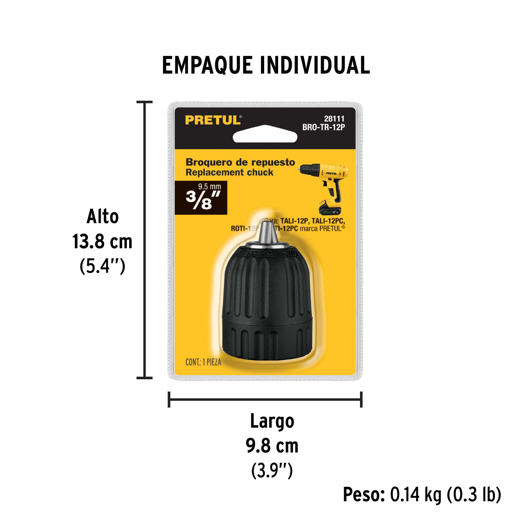 Broquero 3/8" sin llave, para máquinas inalámbricas, PRETUL - Empaque