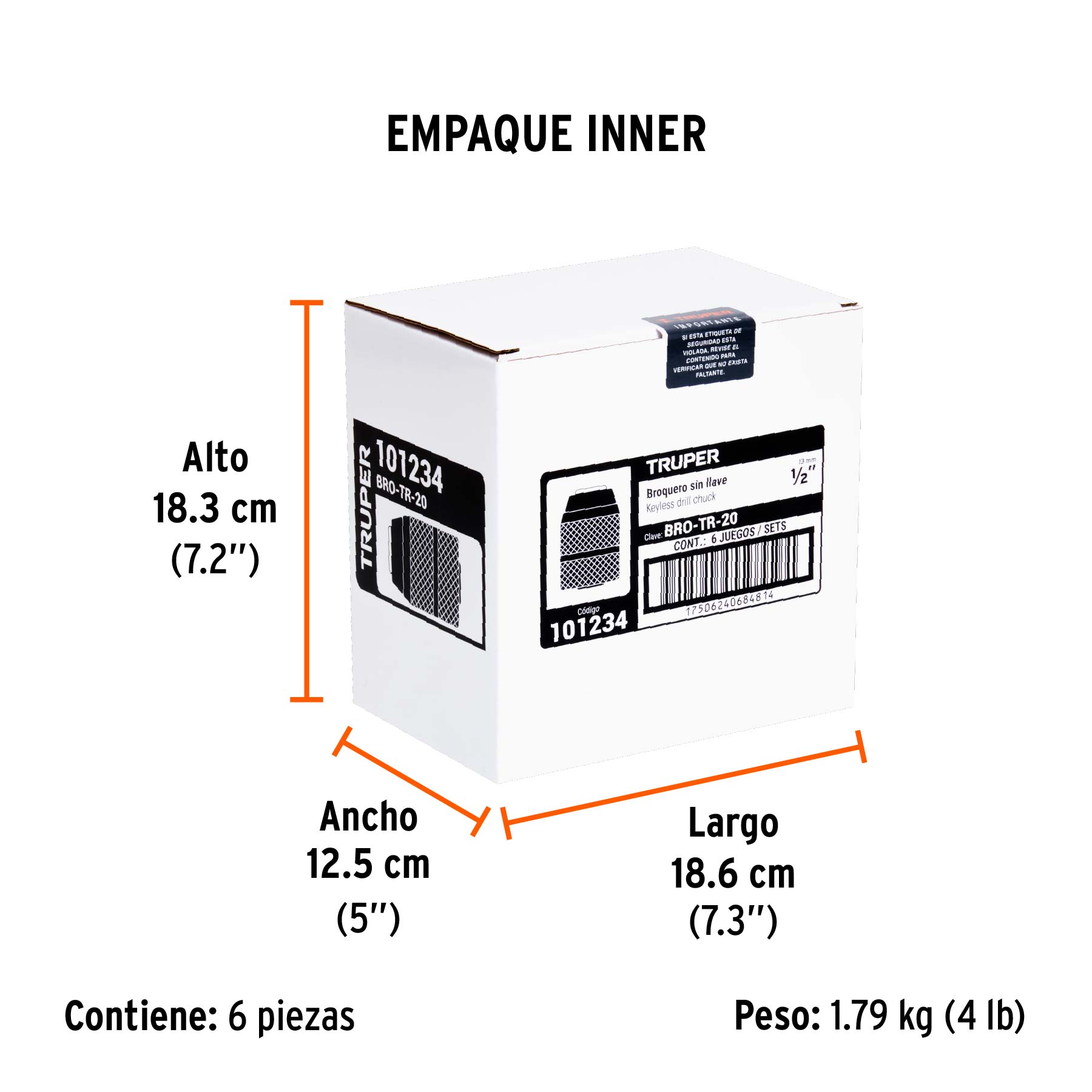 Broquero 1/2" sin llave, para máquinas inalámbricas, TRUPER - Empaque