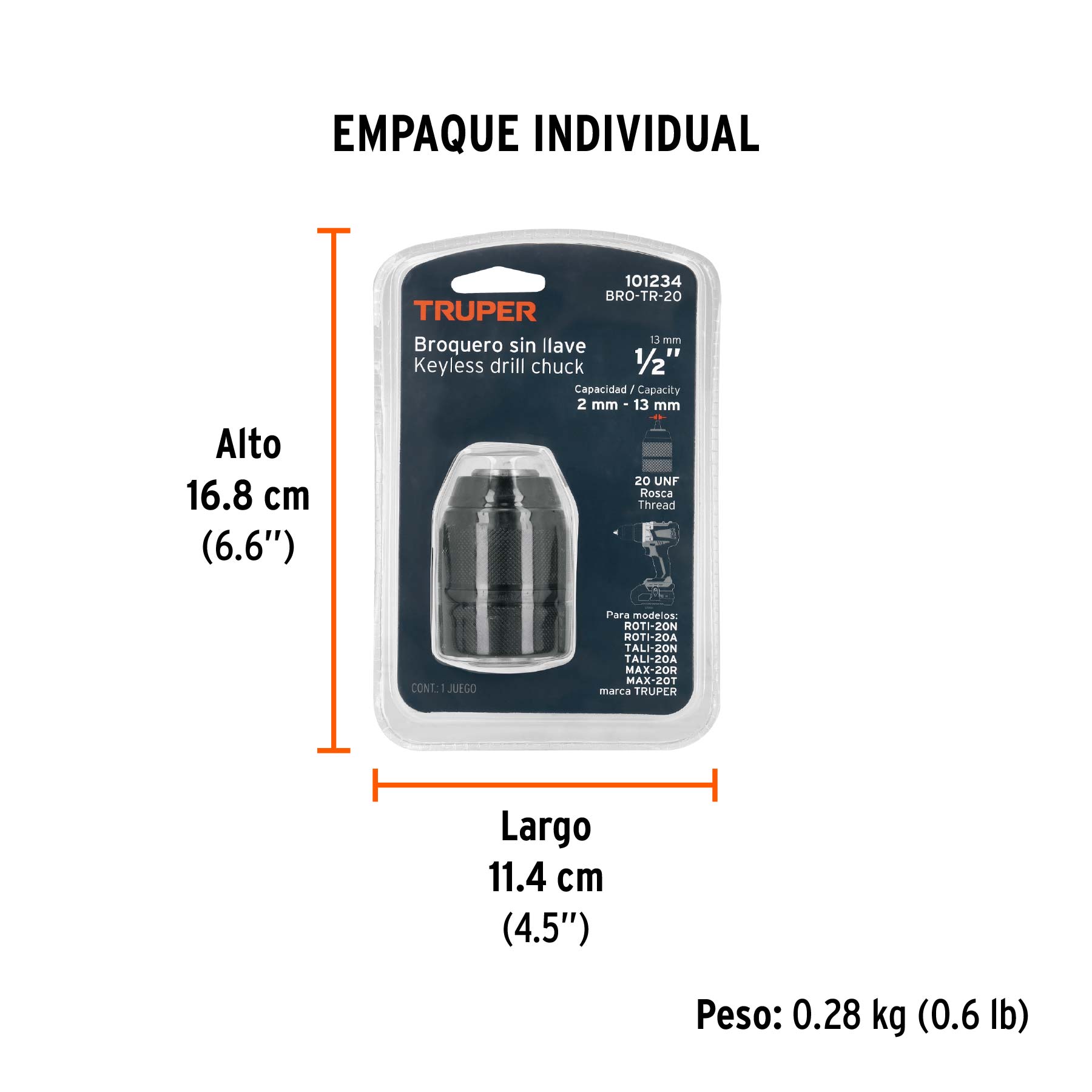 Broquero 1/2" sin llave, para máquinas inalámbricas, TRUPER - Empaque