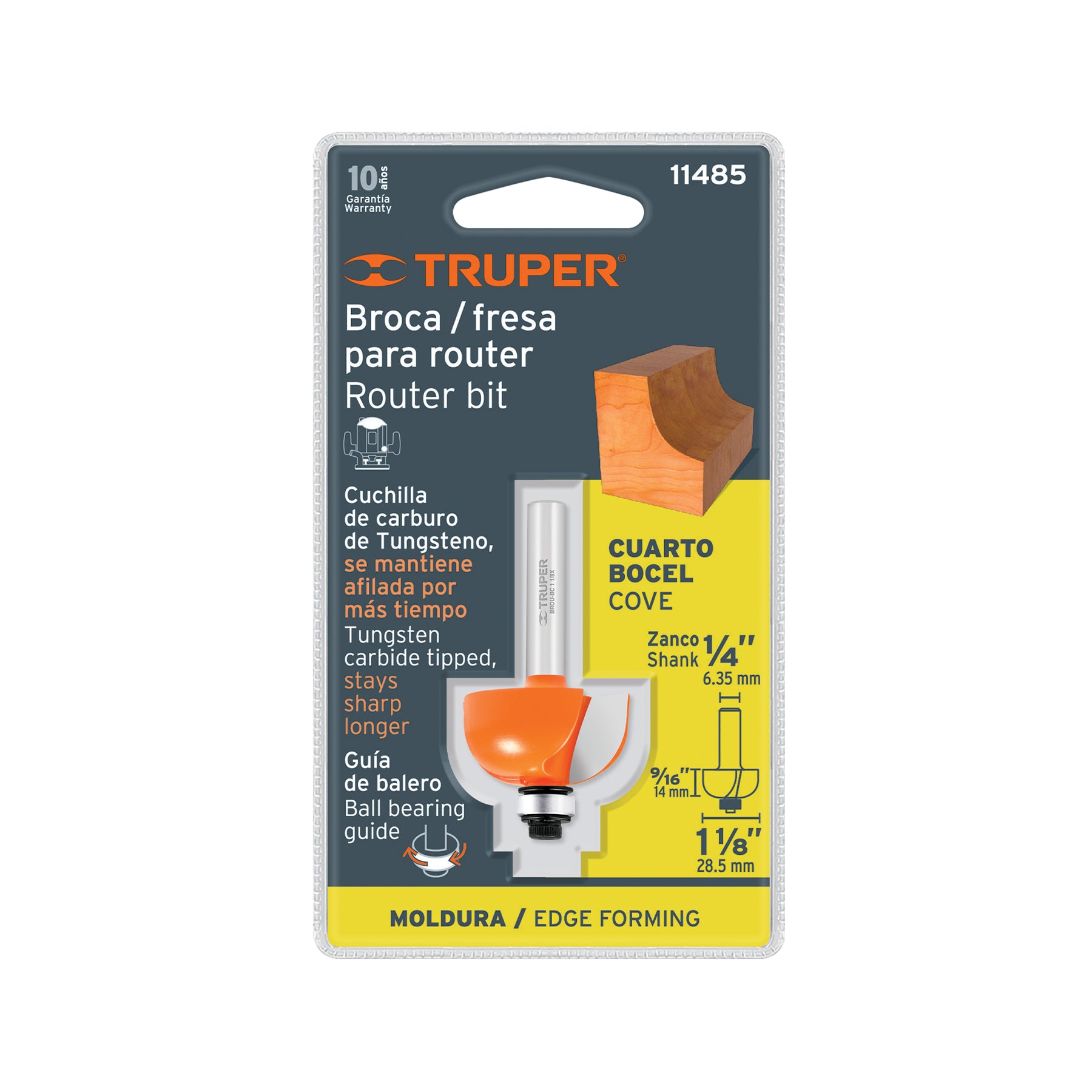 Broca para router, bocel cuarto, 1-1/8" con balero, TRUPER