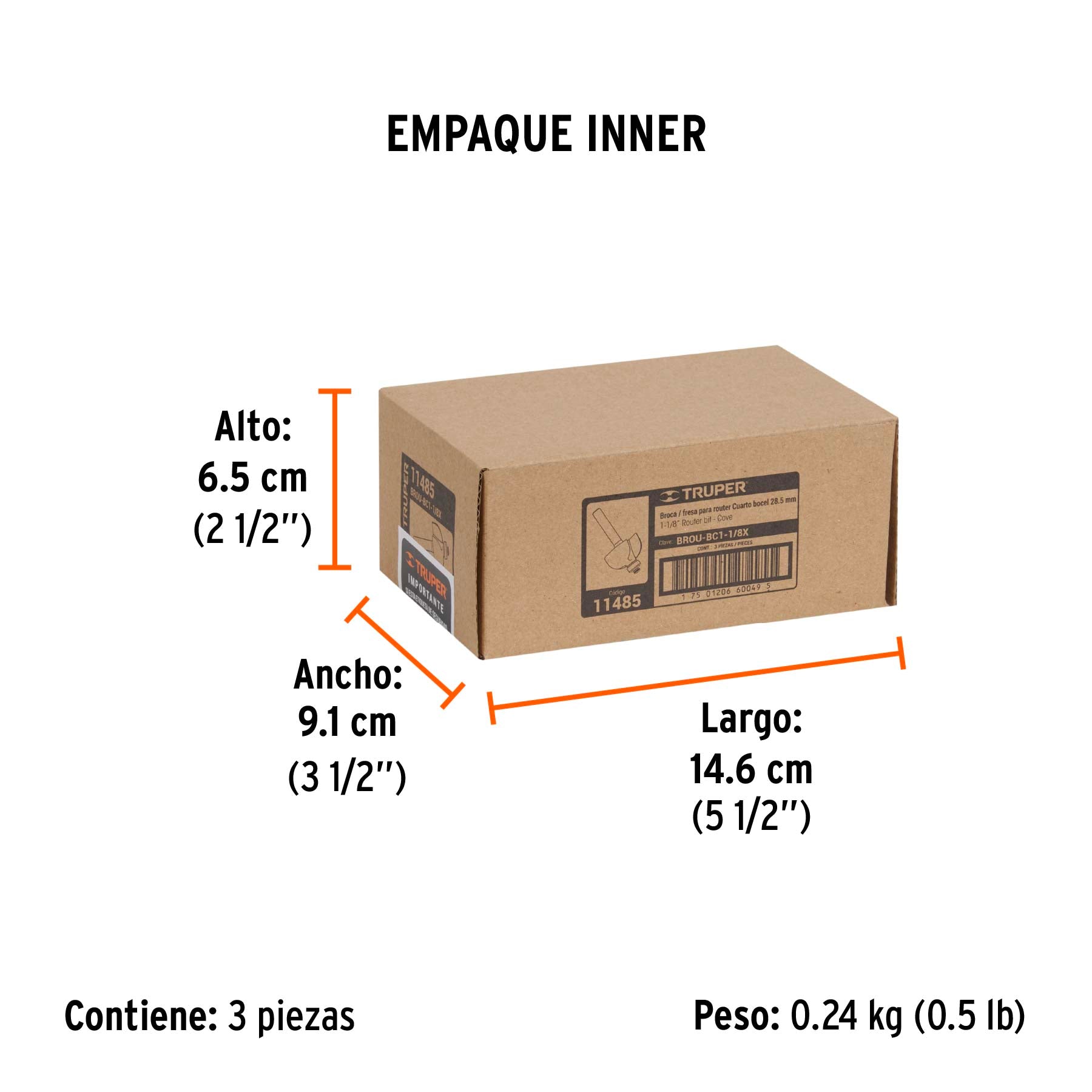 Broca para router, bocel cuarto, 1-1/8" con balero, TRUPER - Empaque