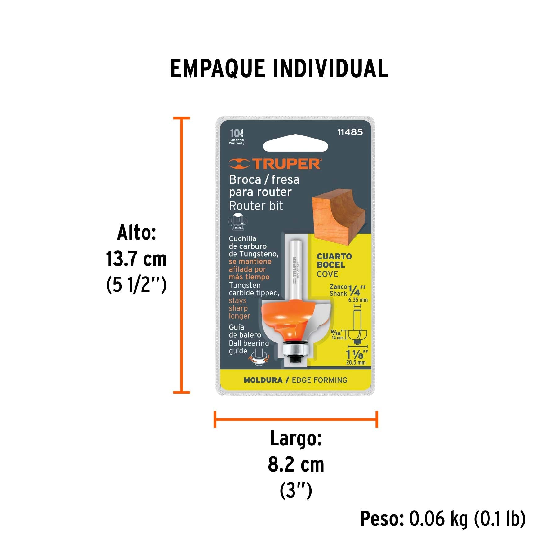 Broca para router, bocel cuarto, 1-1/8" con balero, TRUPER - Empaque