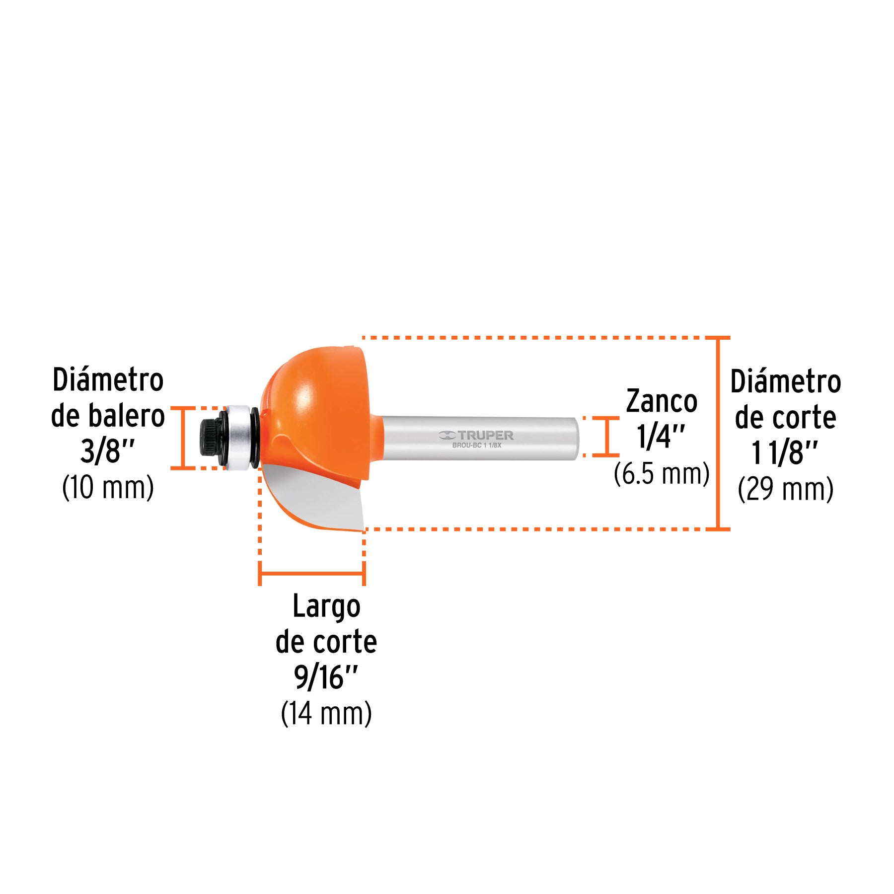 Broca para router, bocel cuarto, 1-1/8" con balero, TRUPER