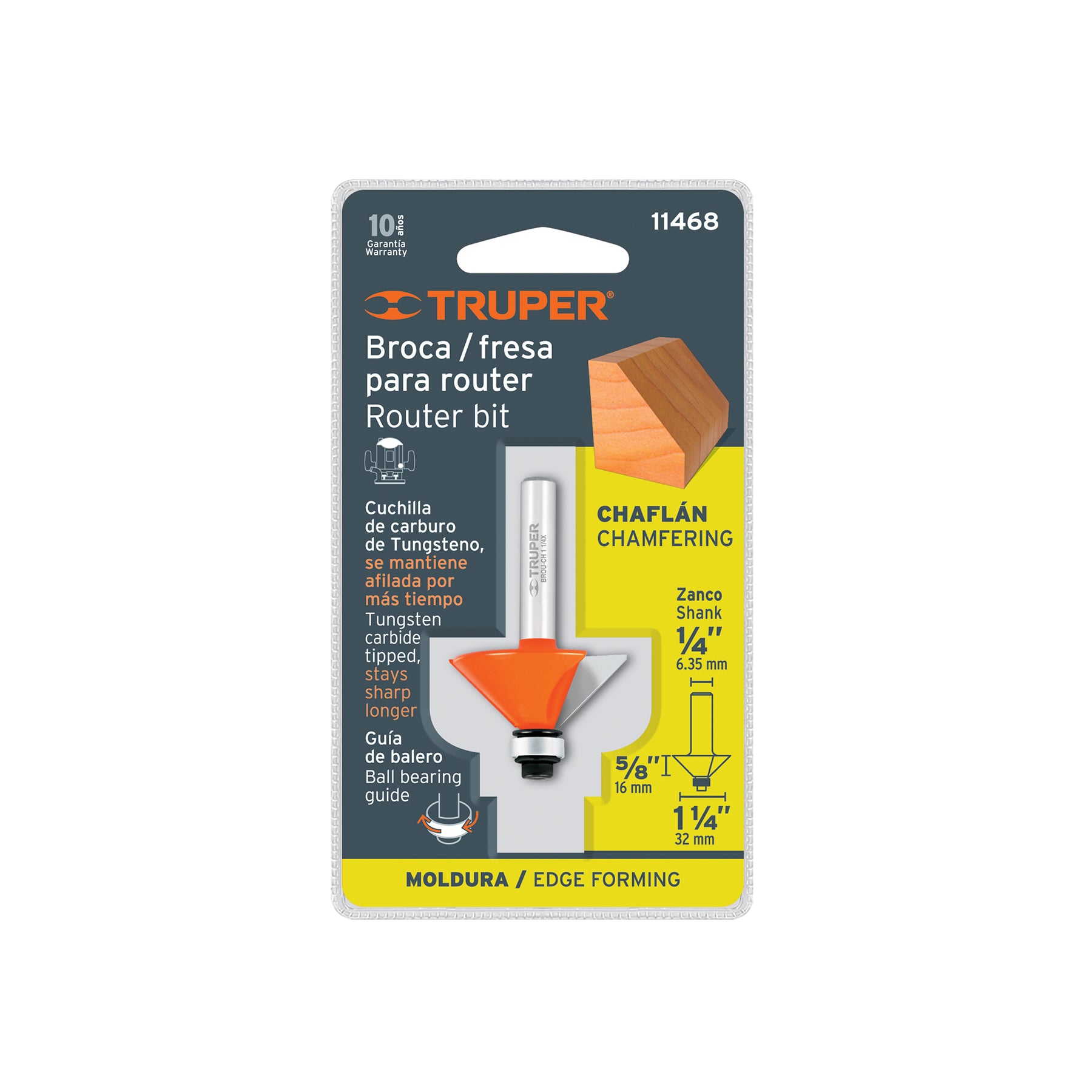 Broca para router, chaflán, 1-1/4" con balero, TRUPER