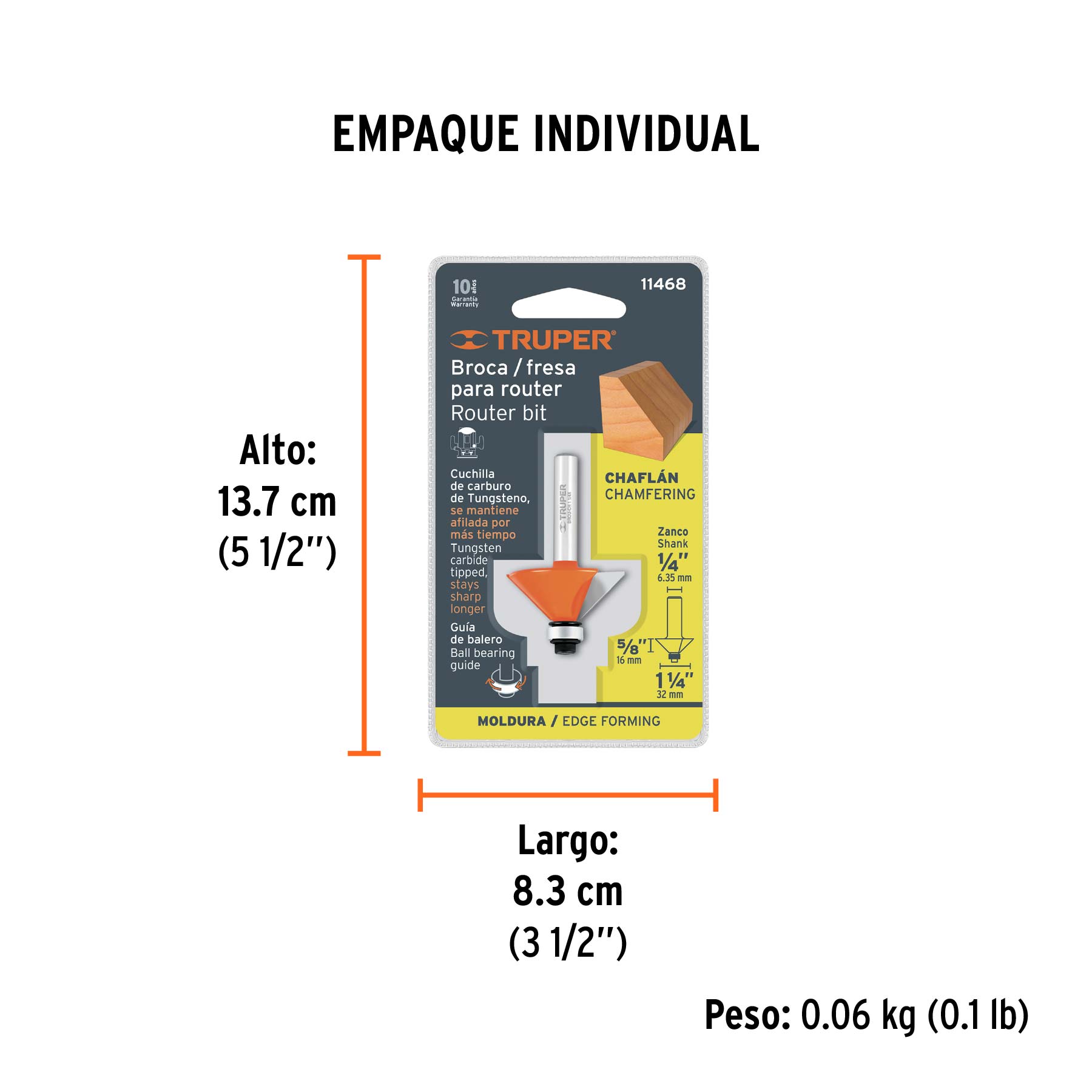 Broca para router, chaflán, 1-1/4" con balero, TRUPER - Empaque