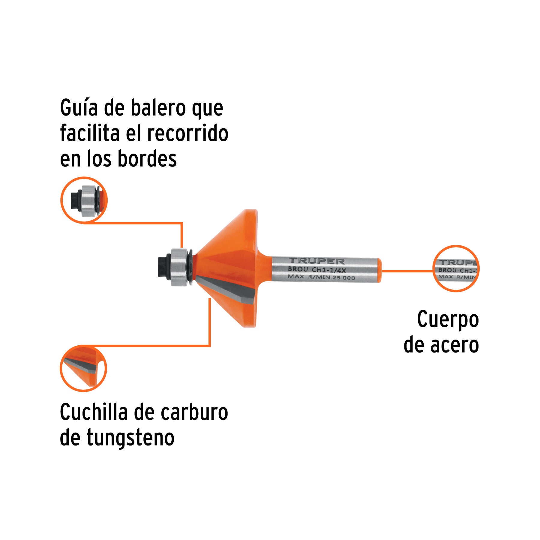 Broca para router, chaflán, 1-1/4" con balero, TRUPER