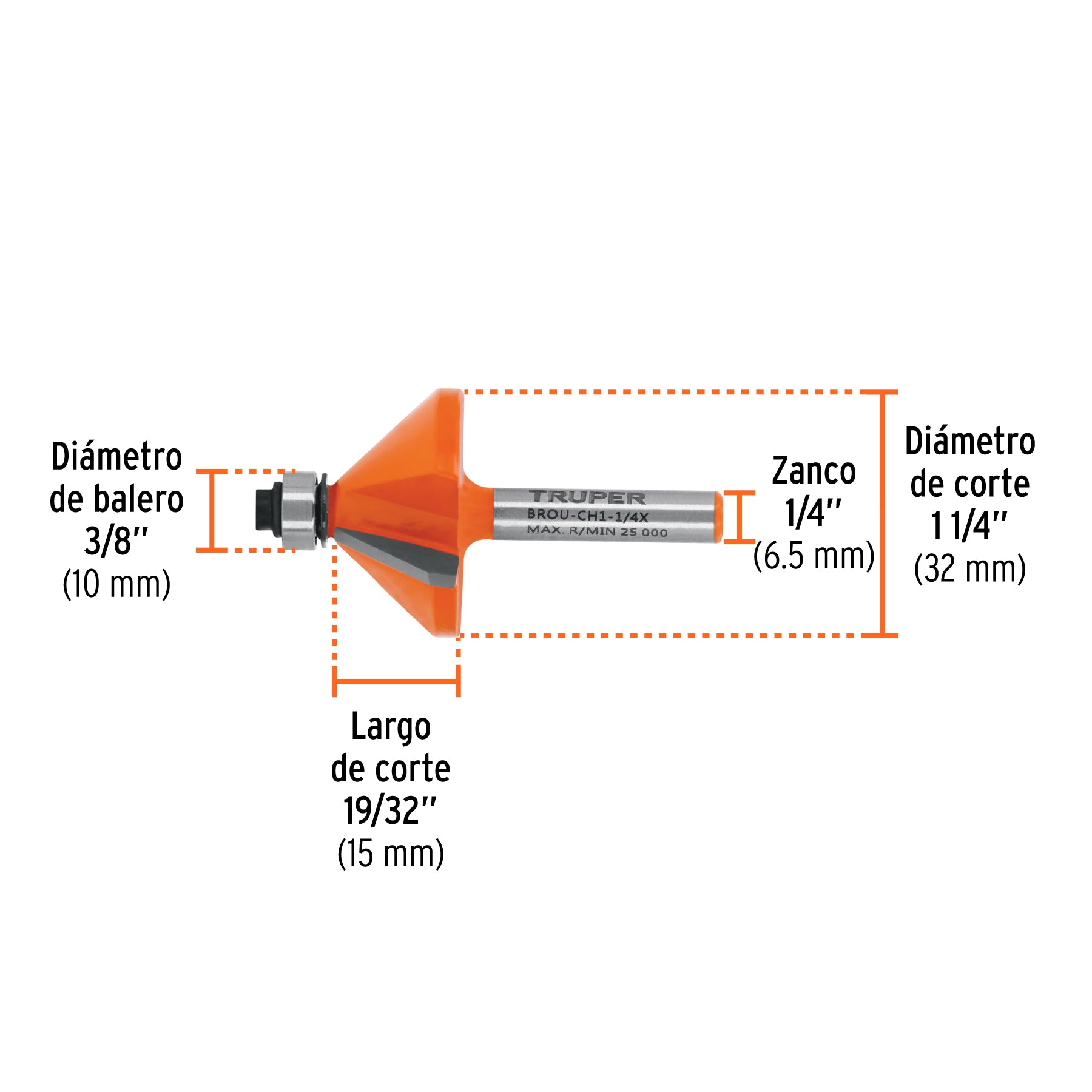 Broca para router, chaflán, 1-1/4" con balero, TRUPER