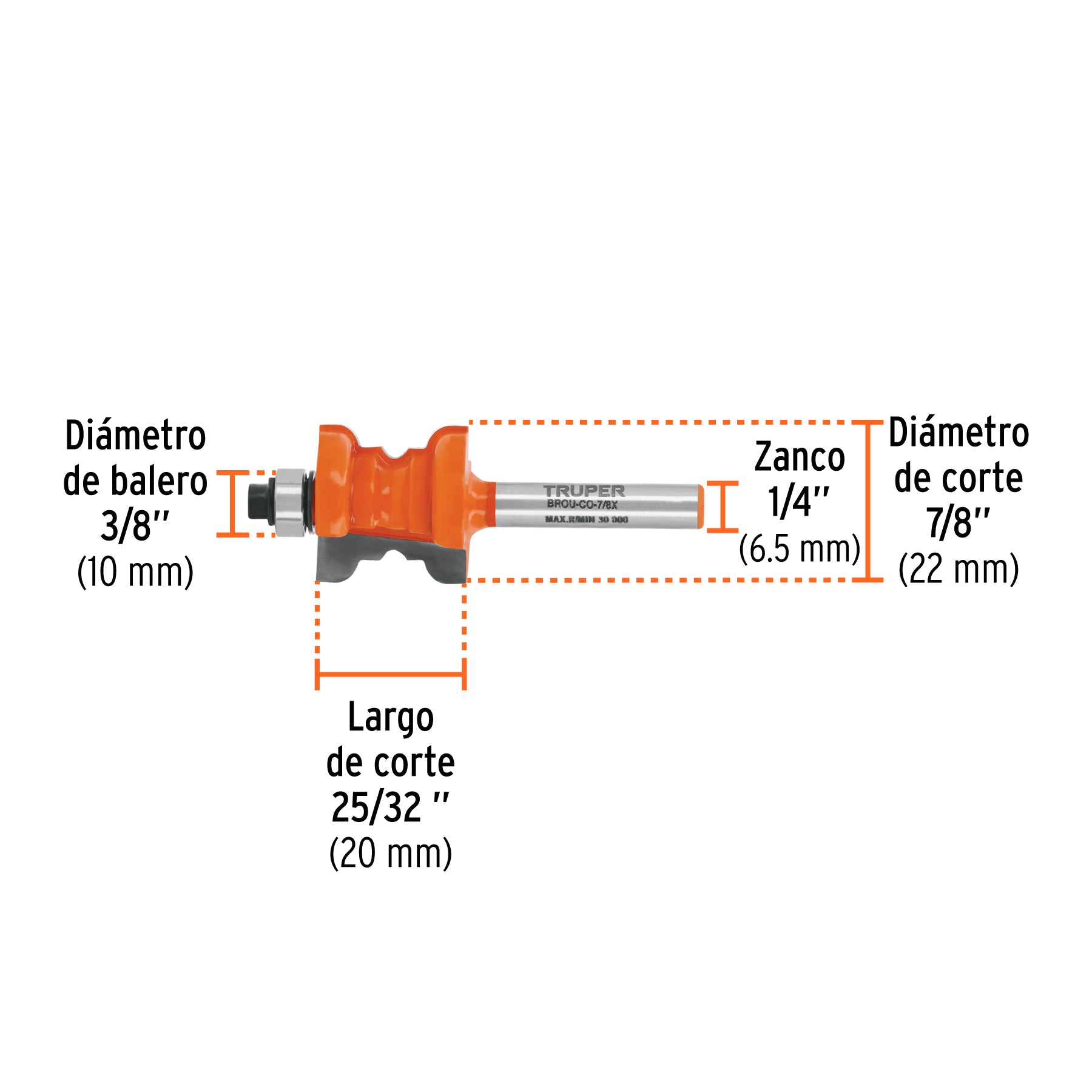 Broca para router, collarín, 7/8" con balero, TRUPER