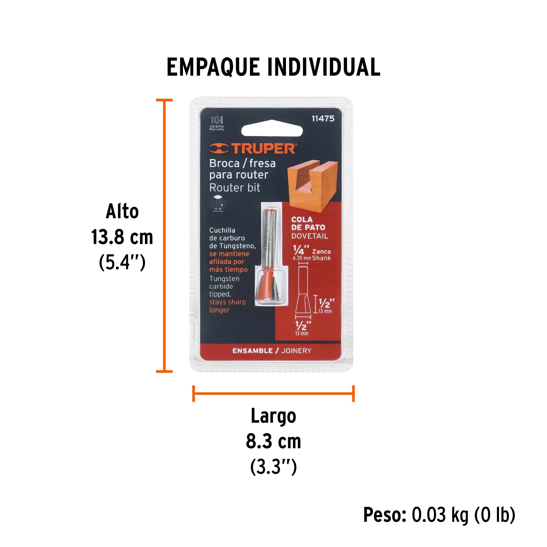 Broca para router, cola de pato, 1/2", TRUPER - Empaque