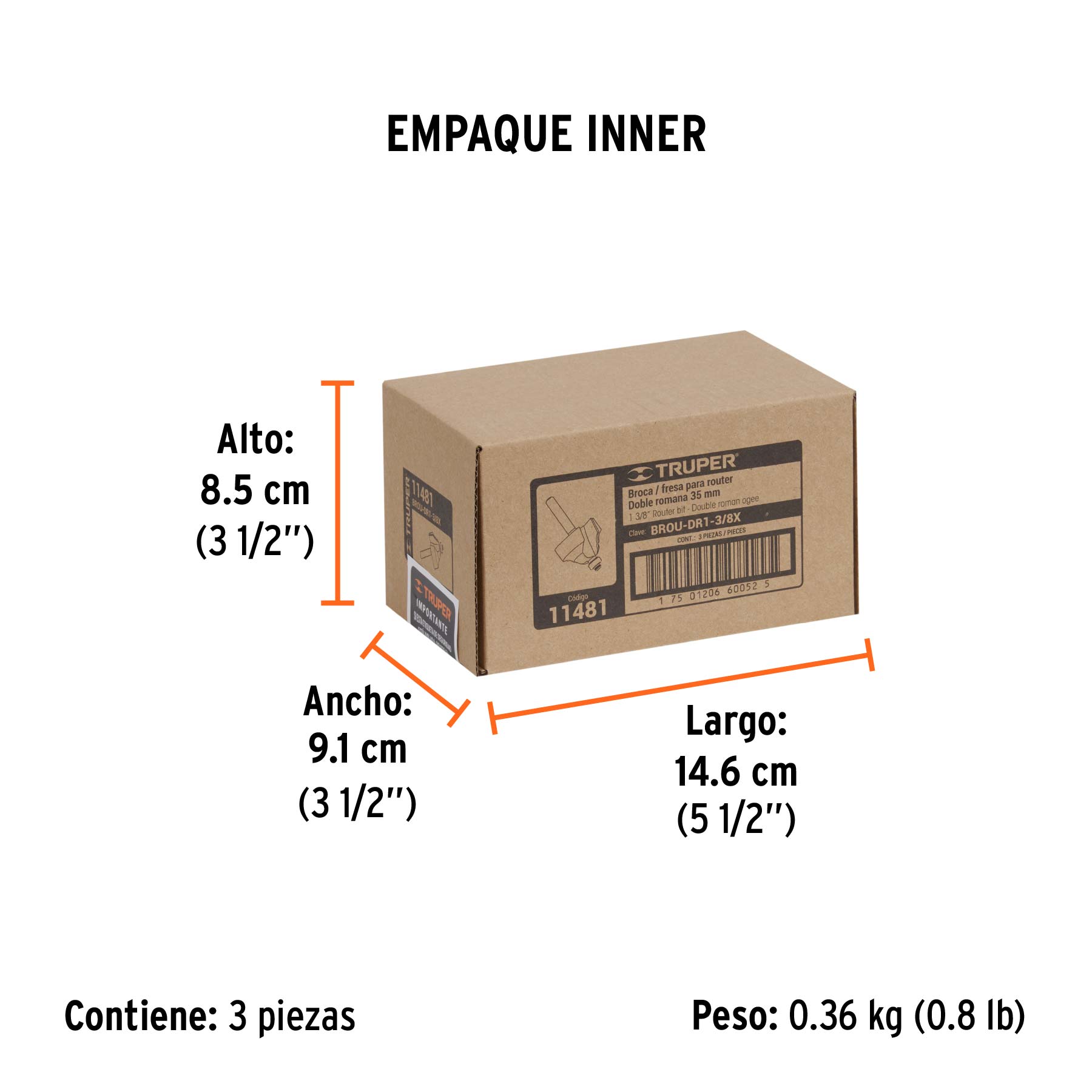 Broca para router, doble romana, 1-3/8" con balero, TRUPER - Empaque