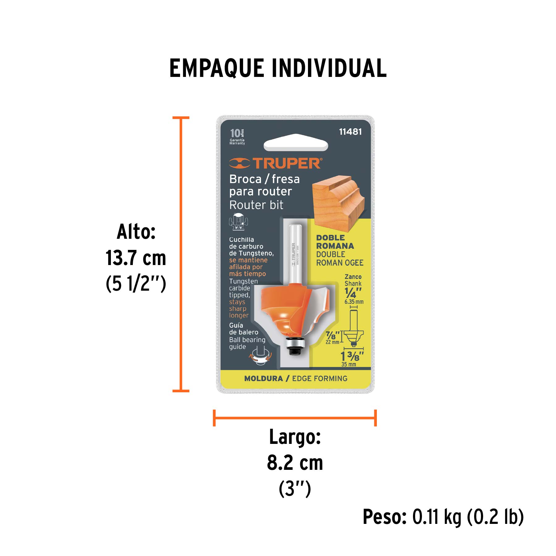Broca para router, doble romana, 1-3/8" con balero, TRUPER - Empaque