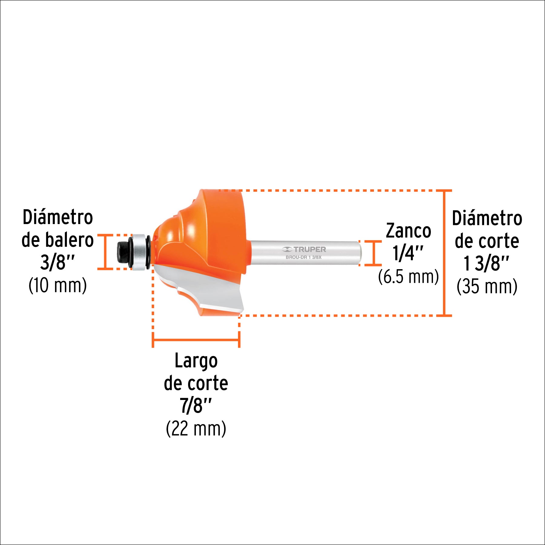 Broca para router, doble romana, 1-3/8" con balero, TRUPER