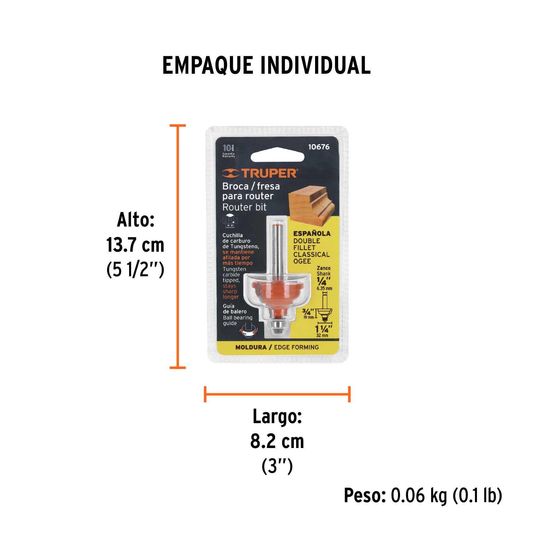 Broca para router, española, 1-1/4", con balero, TRUPER - Empaque