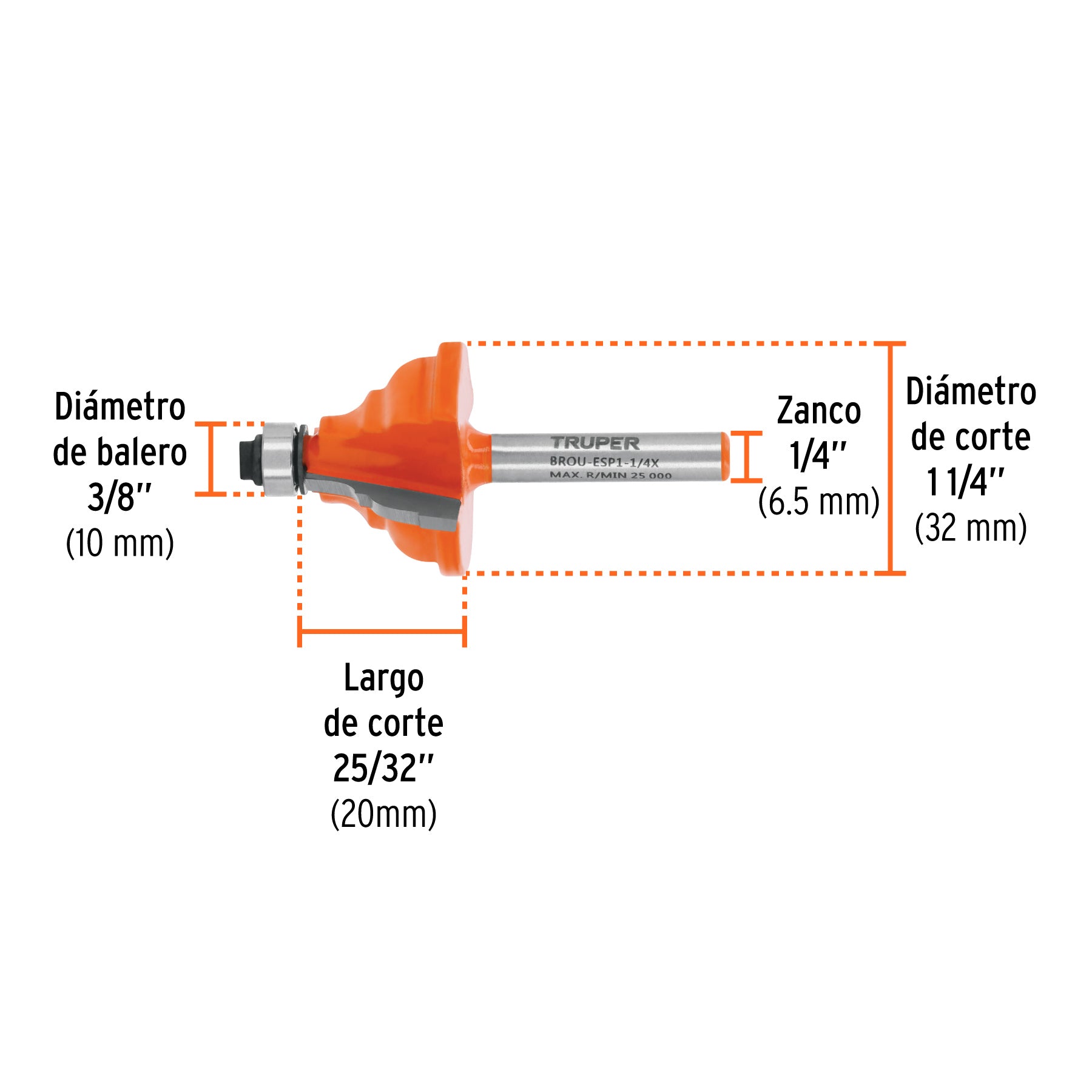 Broca para router, española, 1-1/4", con balero, TRUPER