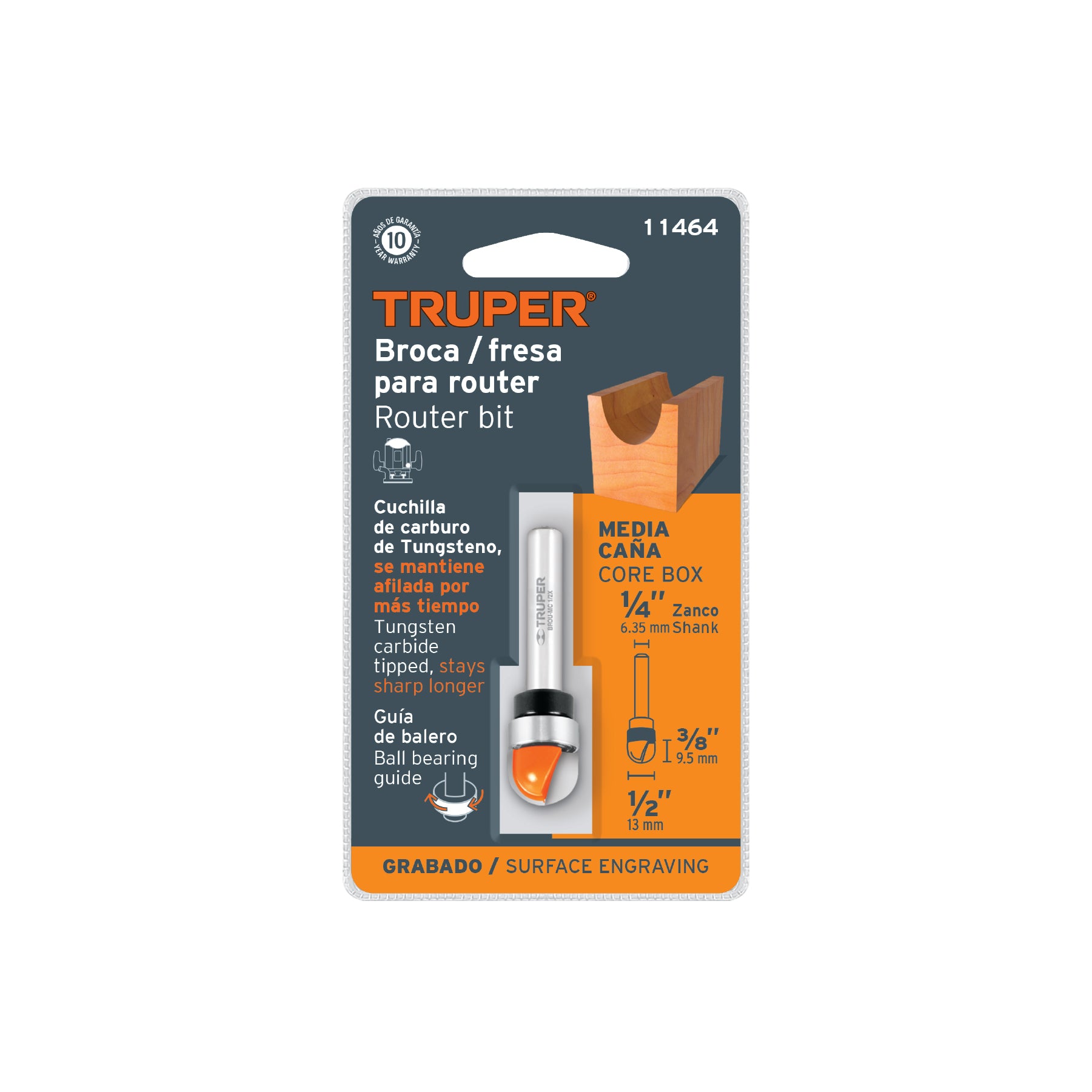 Broca para router, media caña, 1/2" con balero, TRUPER