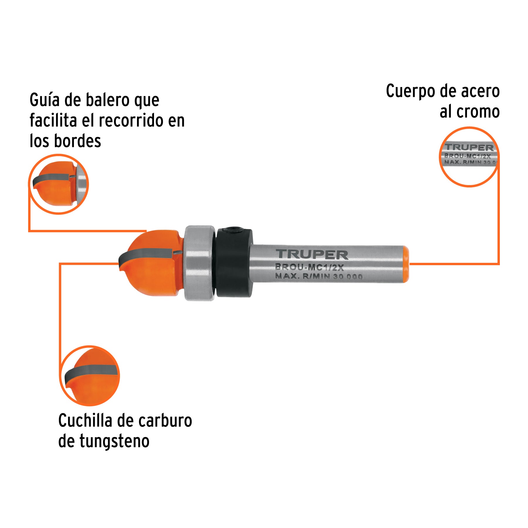 Broca para router, media caña, 1/2" con balero, TRUPER