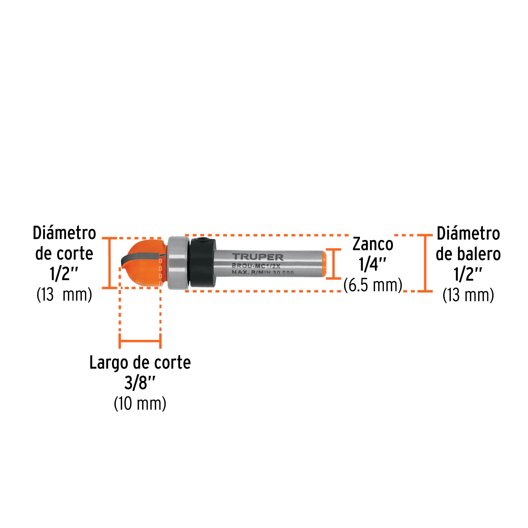 Broca para router, media caña, 1/2" con balero, TRUPER