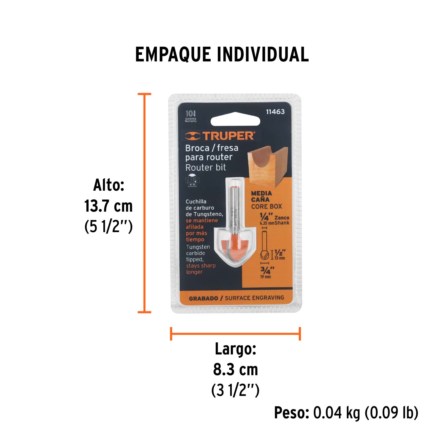 Broca para router, media caña, 3/4", TRUPER - Empaque
