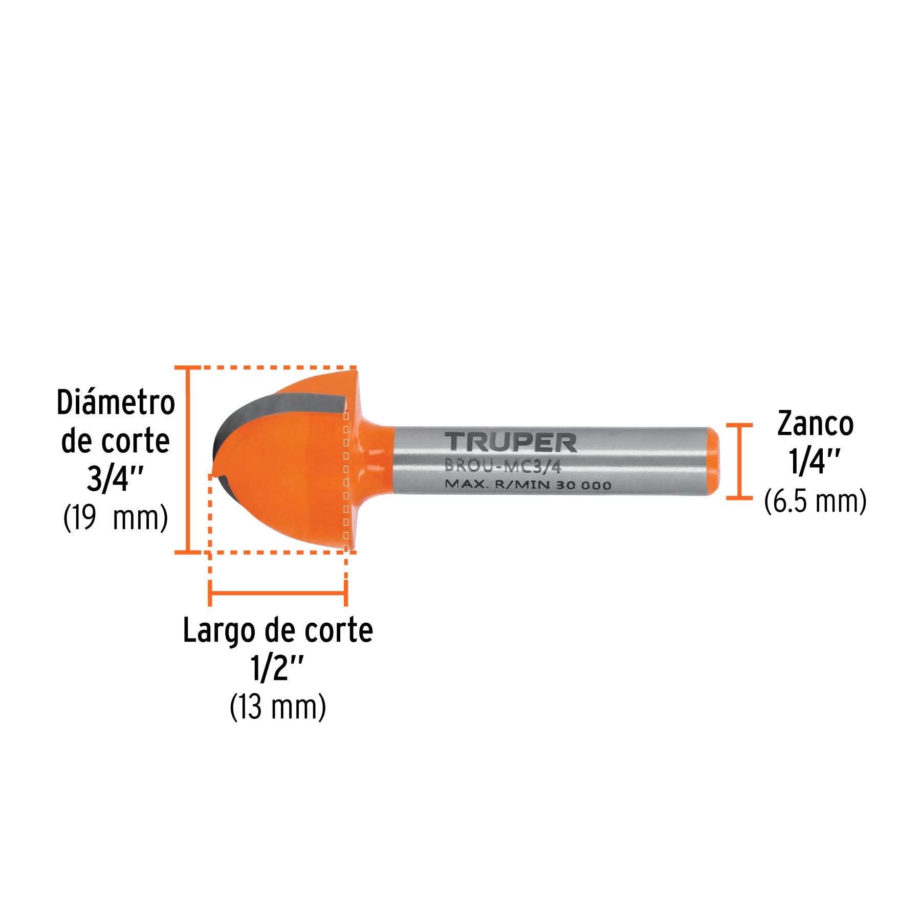 Broca para router, media caña, 3/4", TRUPER