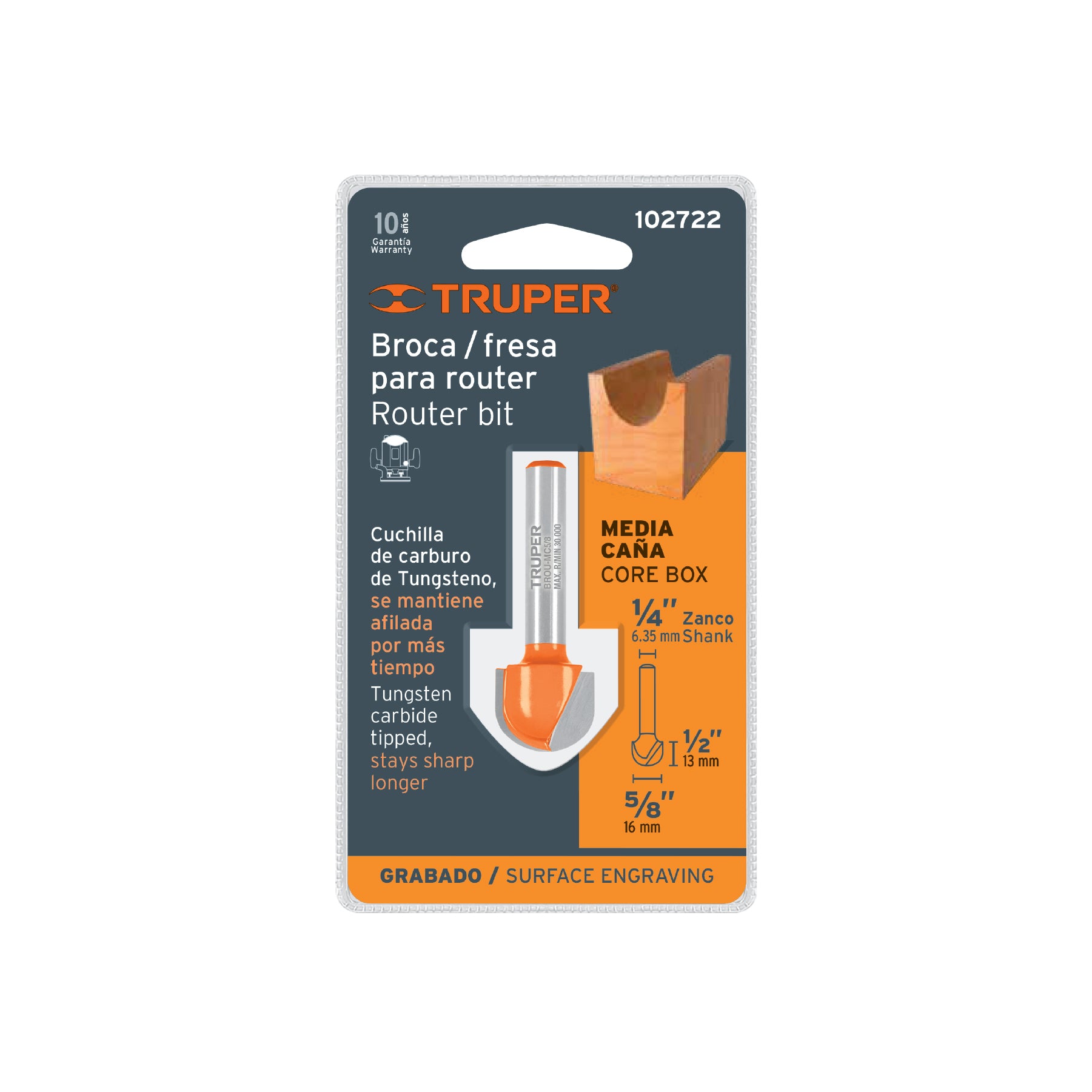 Broca para router, media caña, 5/8", TRUPER