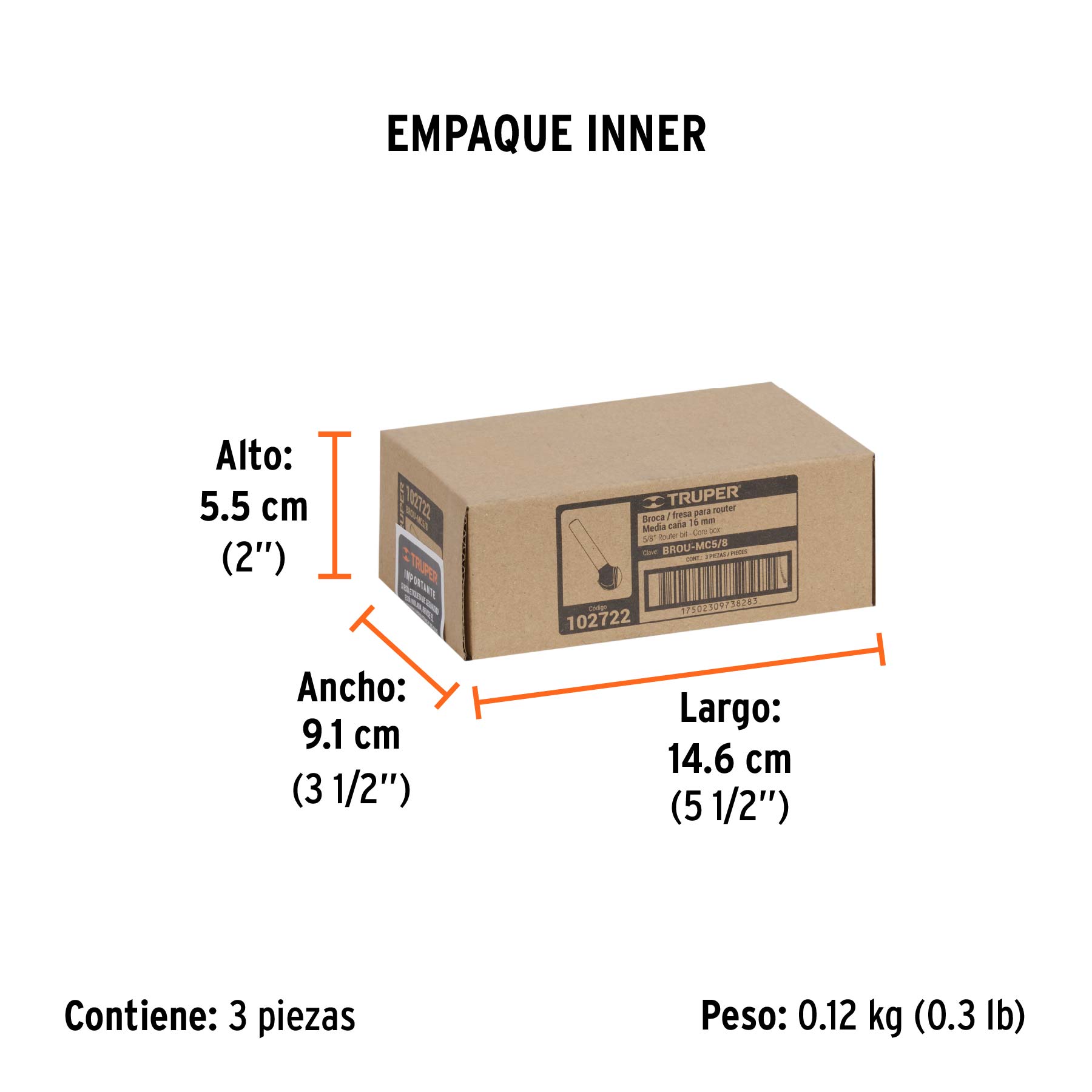 Broca para router, media caña, 5/8", TRUPER - Empaque