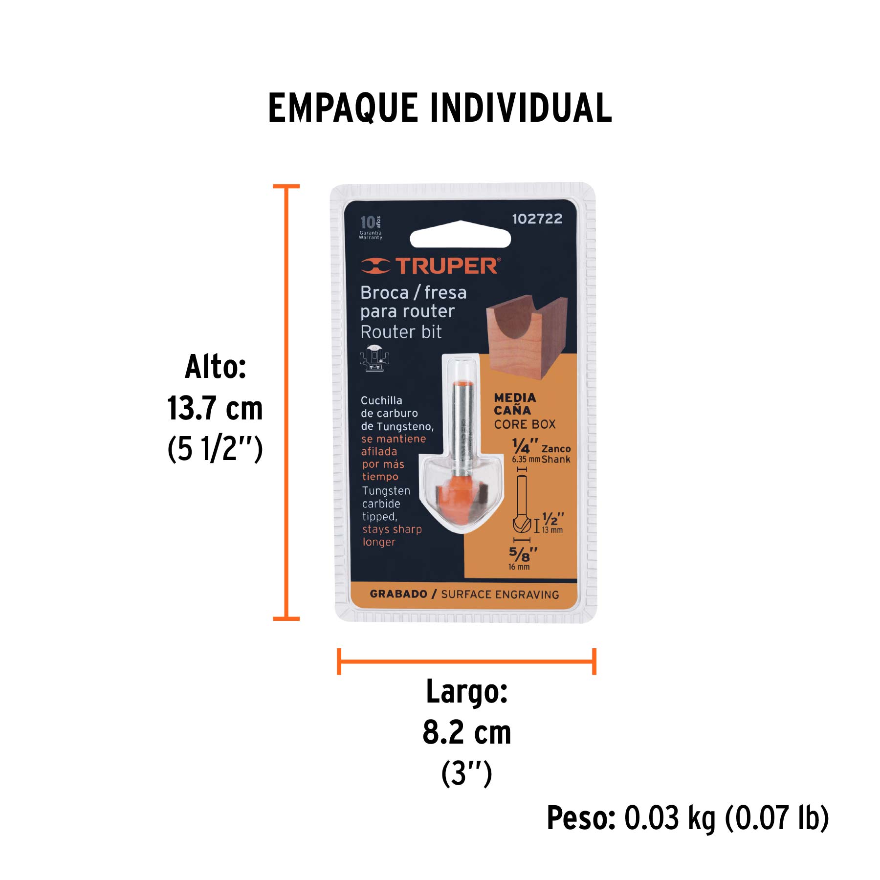 Broca para router, media caña, 5/8", TRUPER - Empaque