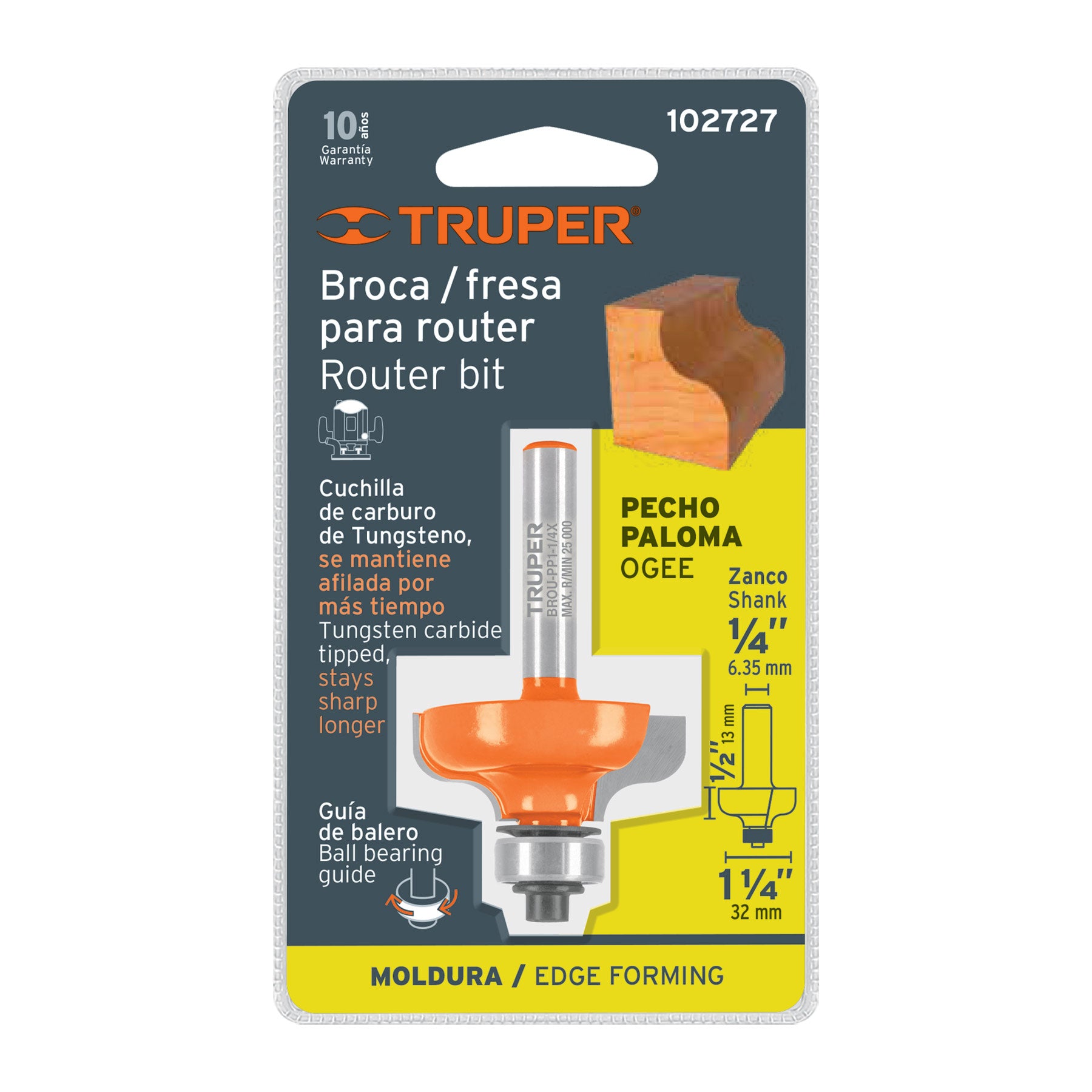 Broca para router, pecho paloma, 1-1/4" con balero, TRUPER