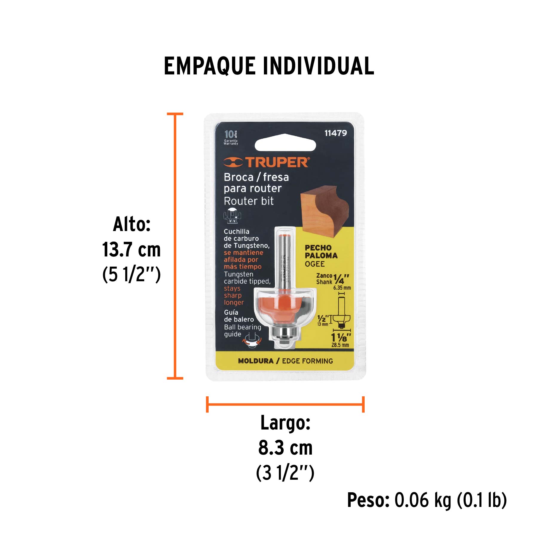 Broca para router, pecho paloma, 1-1/8" con balero, TRUPER - Empaque