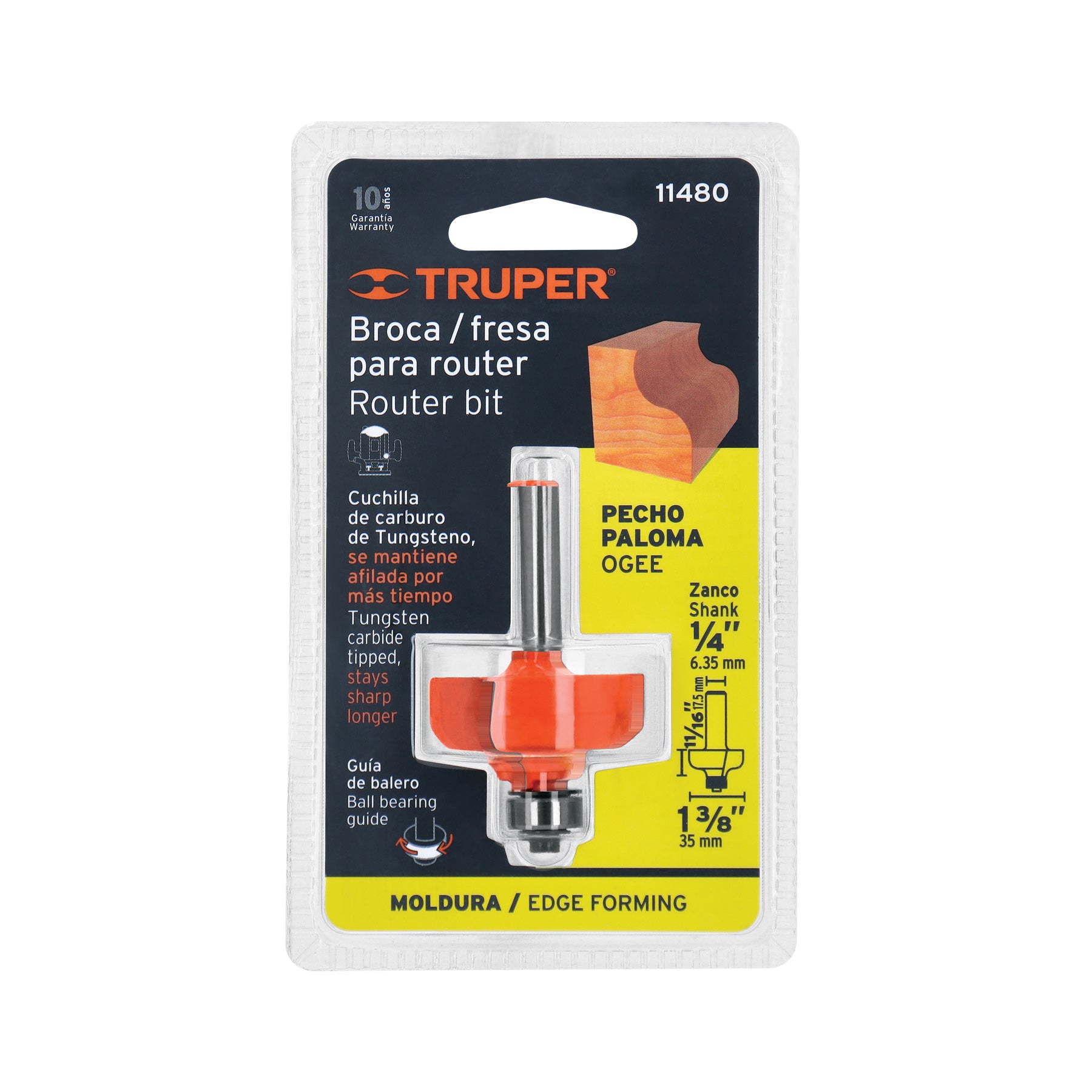 Broca para router, pecho paloma, 1-3/8" con balero, TRUPER