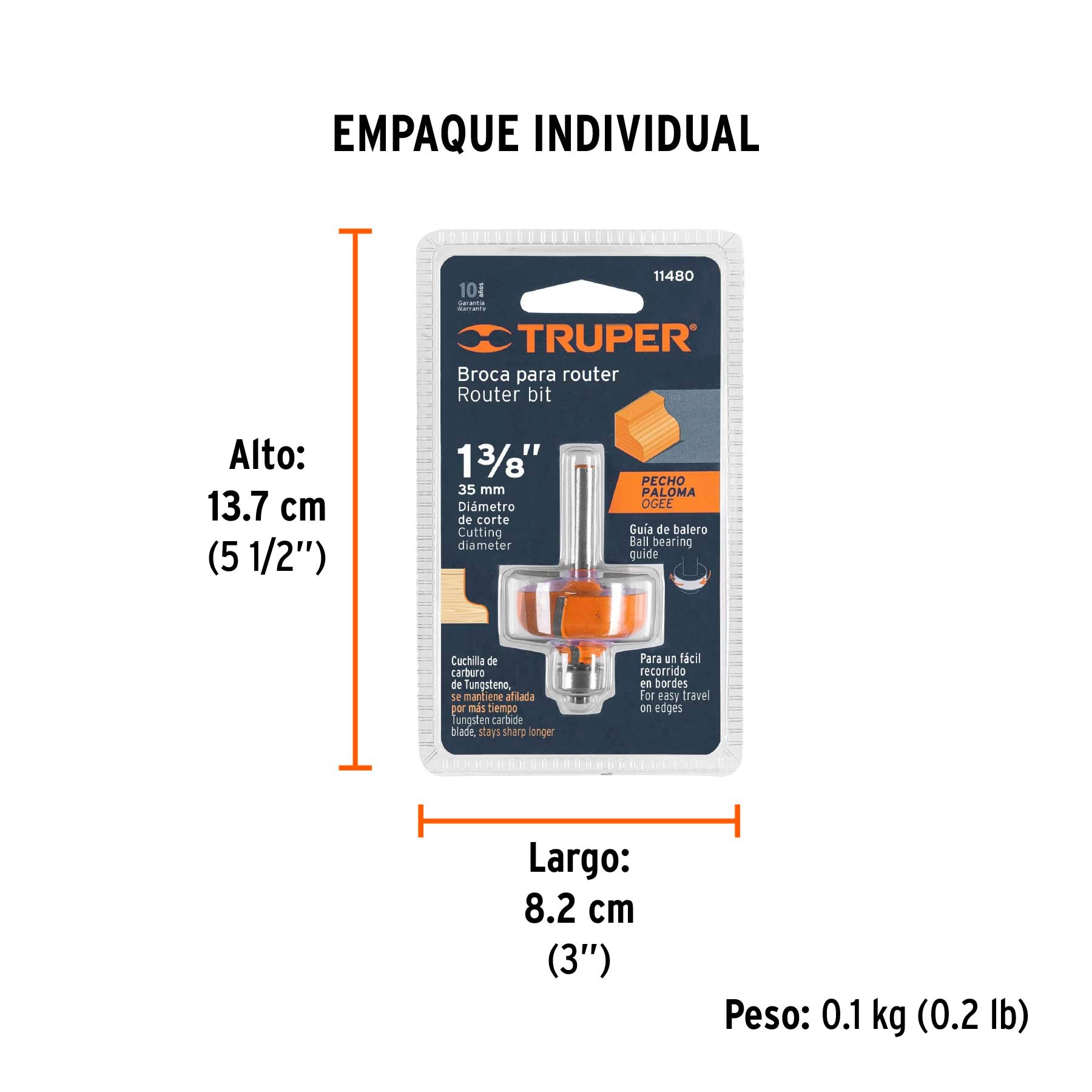 Broca para router, pecho paloma, 1-3/8" con balero, TRUPER - Empaque