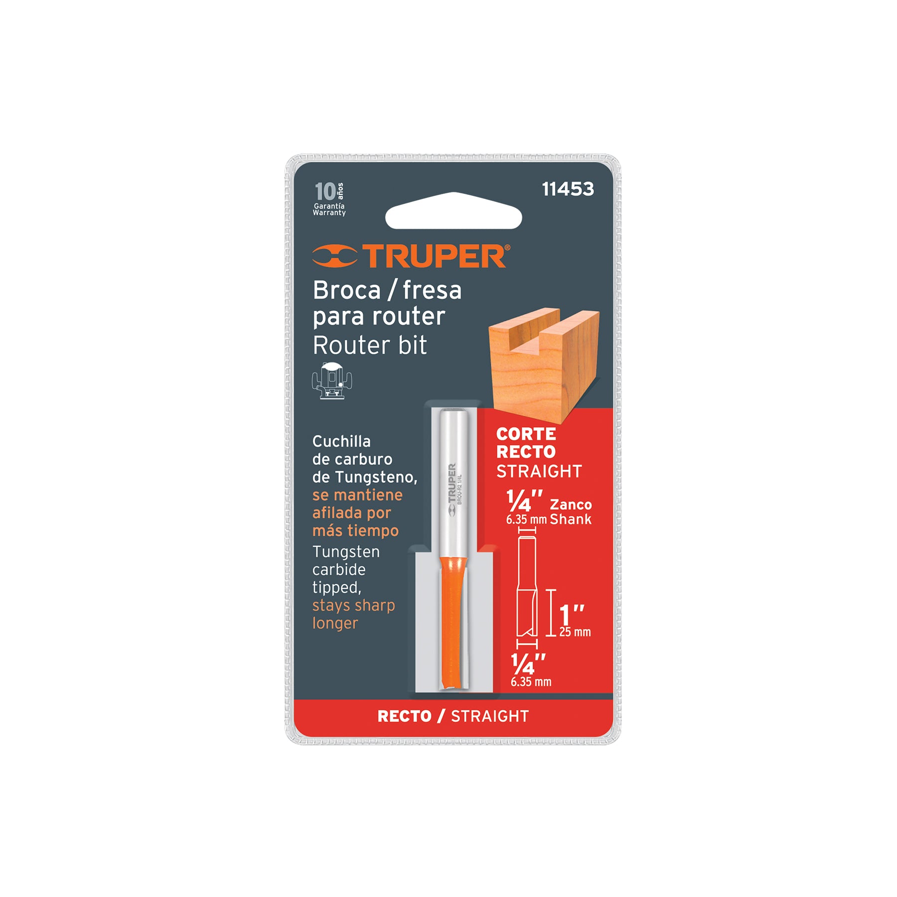 Broca para router, recta 2 filos, 1/4", larga, TRUPER