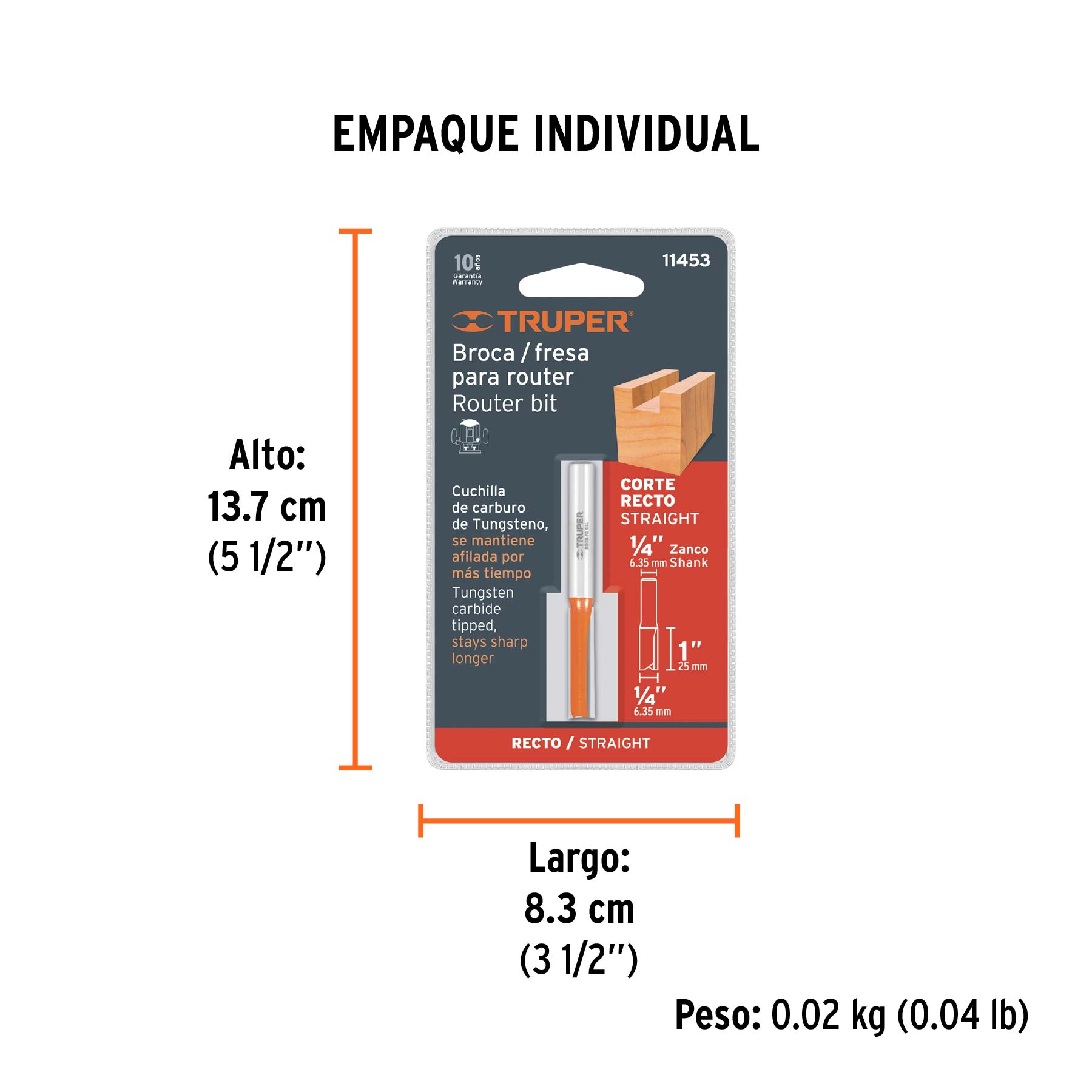 Broca para router, recta 2 filos, 1/4", larga, TRUPER - Empaque