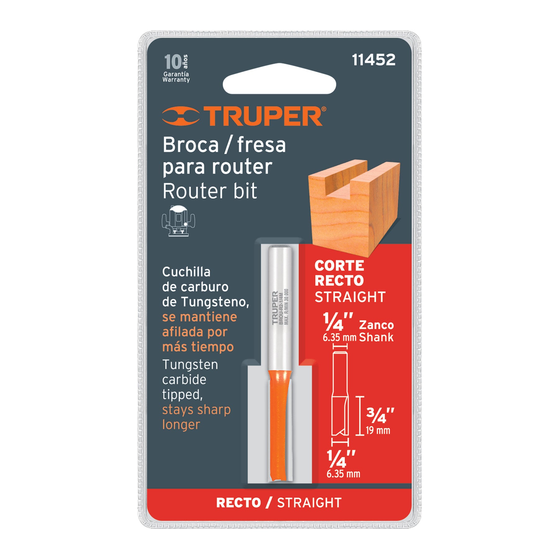 Broca para router, recta 2 filos, 1/4", mediana, TRUPER