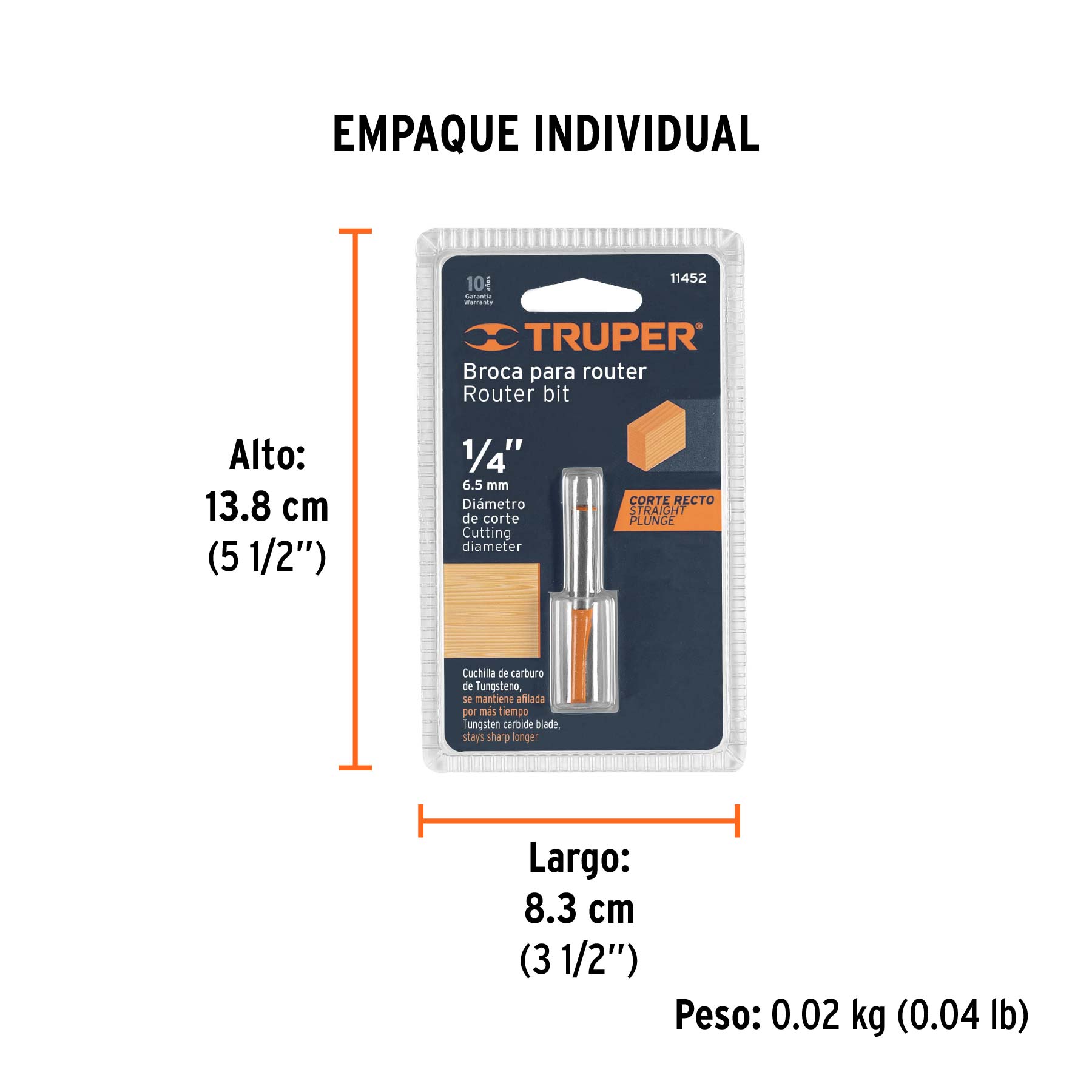 Broca para router, recta 2 filos, 1/4", mediana, TRUPER - Empaque