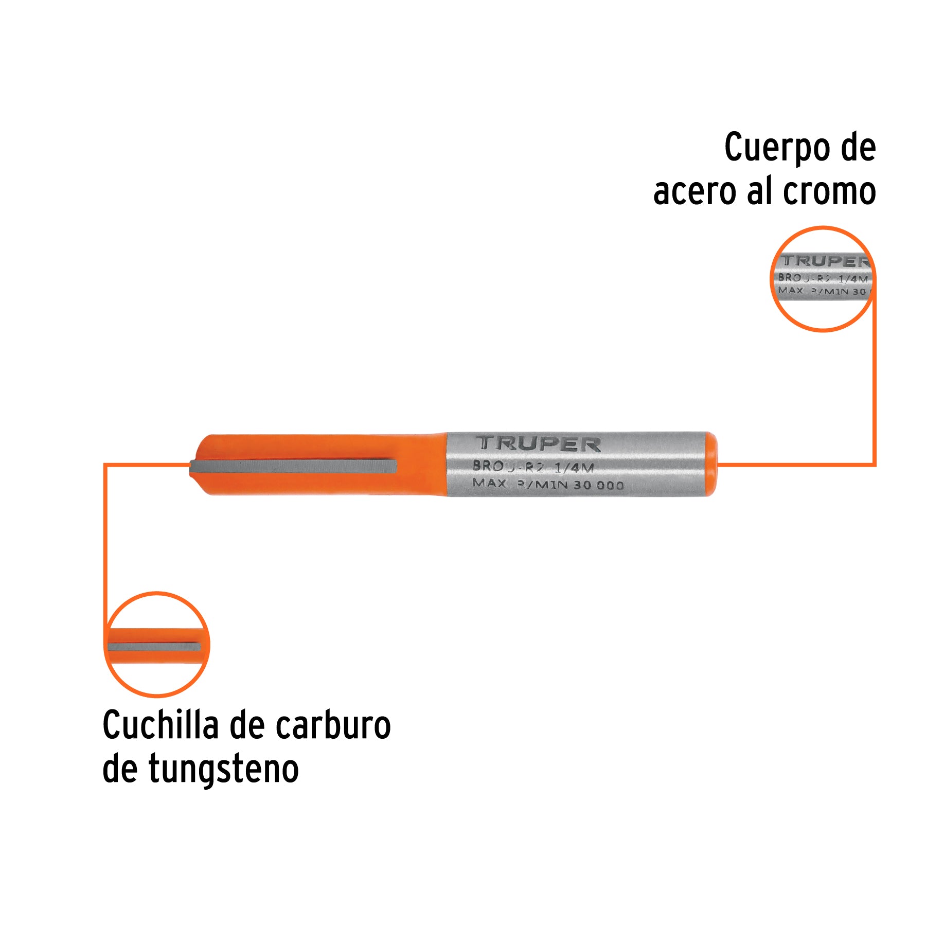 Broca para router, recta 2 filos, 1/4", mediana, TRUPER