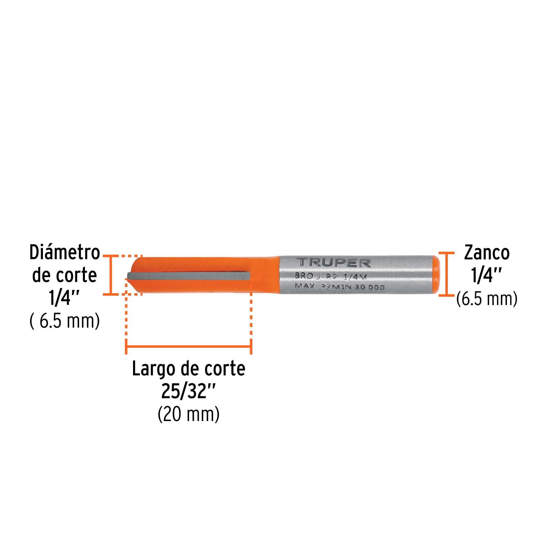 Broca para router, recta 2 filos, 1/4", mediana, TRUPER