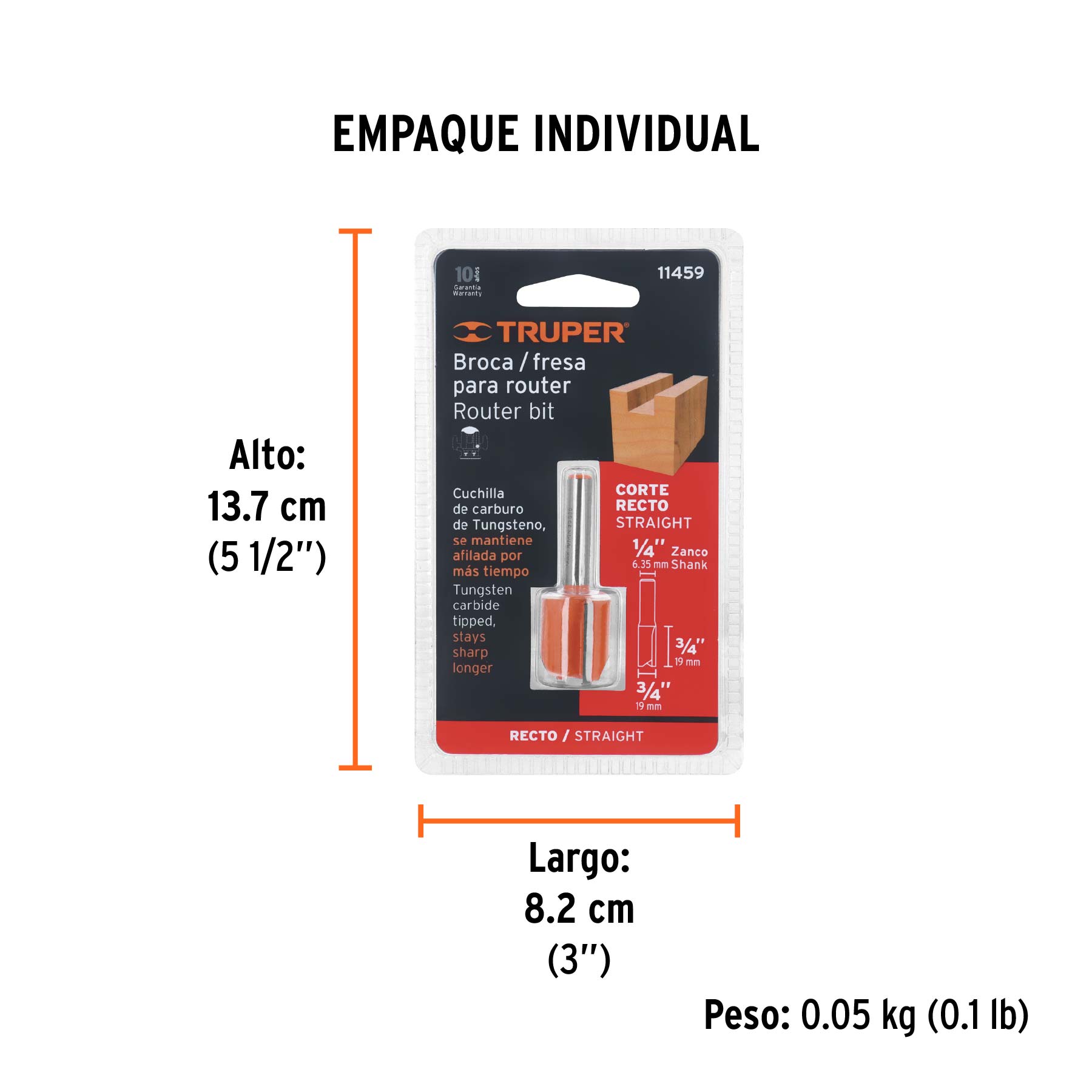 Broca para router, recta 2 filos, 3/4", TRUPER - Empaque